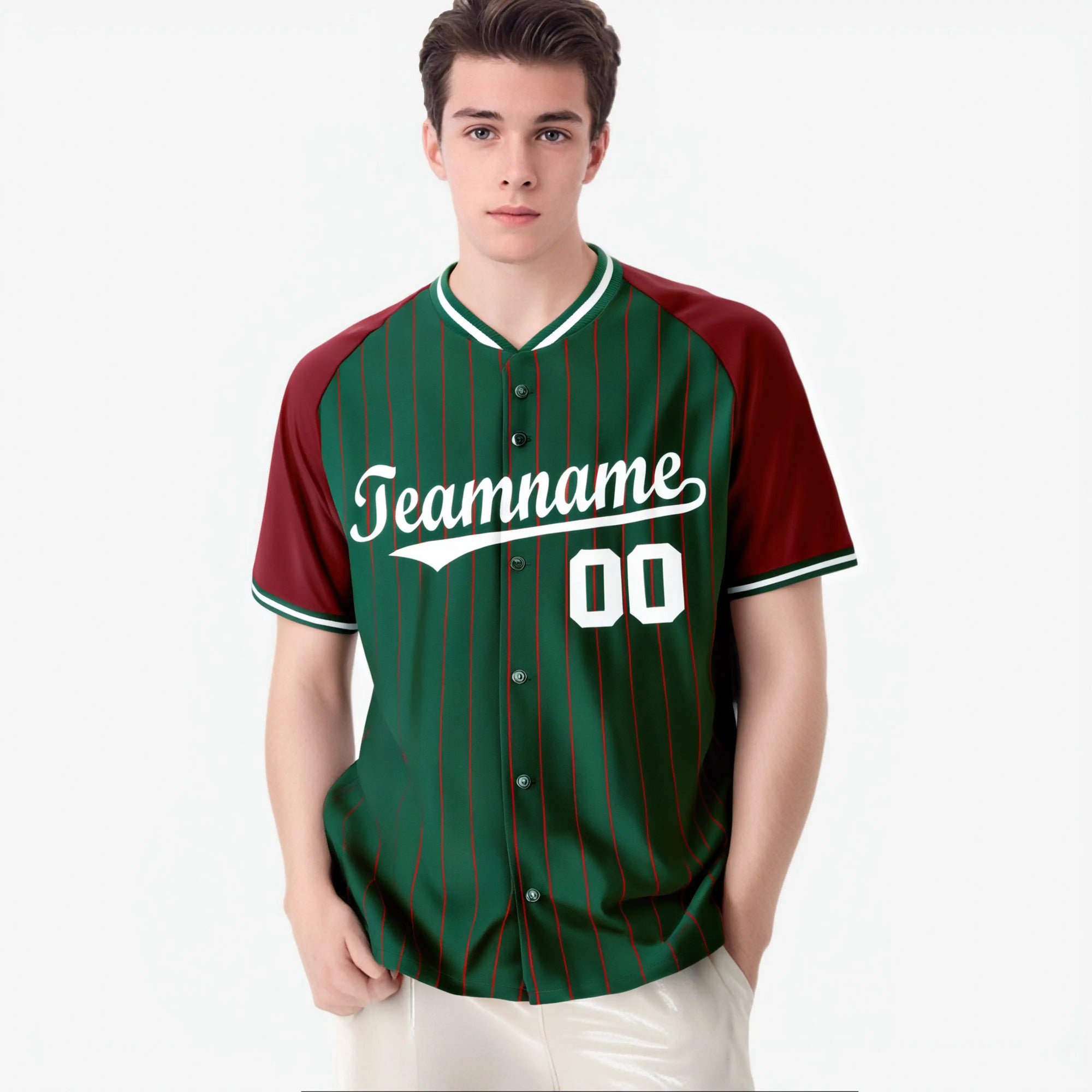 Custom Green Crimson Pinstripe Authentic Raglan Sleeves Baseball Jersey