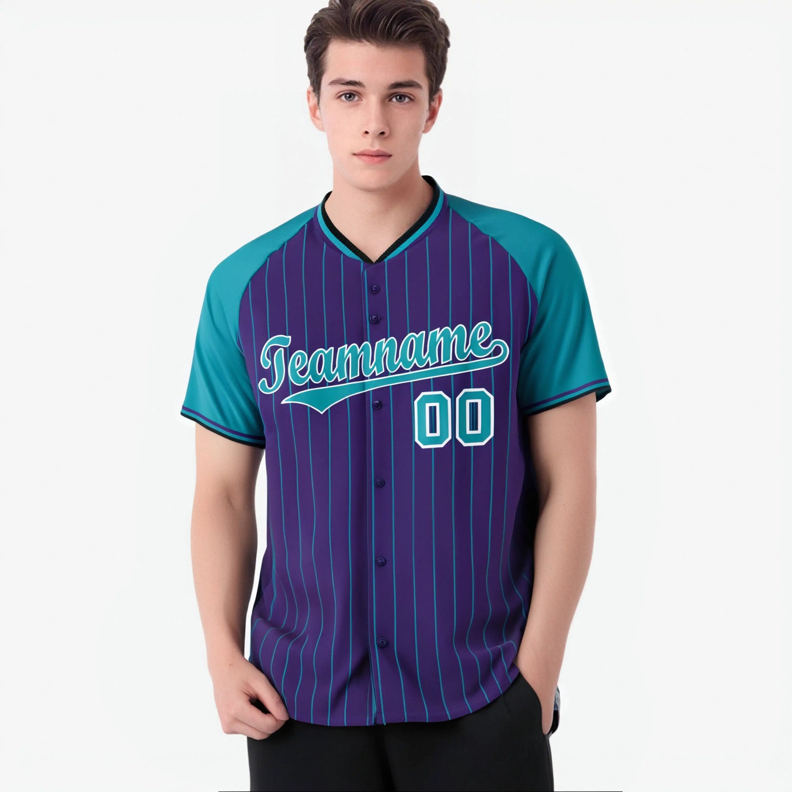 Custom Purple Aqua Pinstripe Aqua Purple Authentic Raglan Sleeves Baseball Jersey