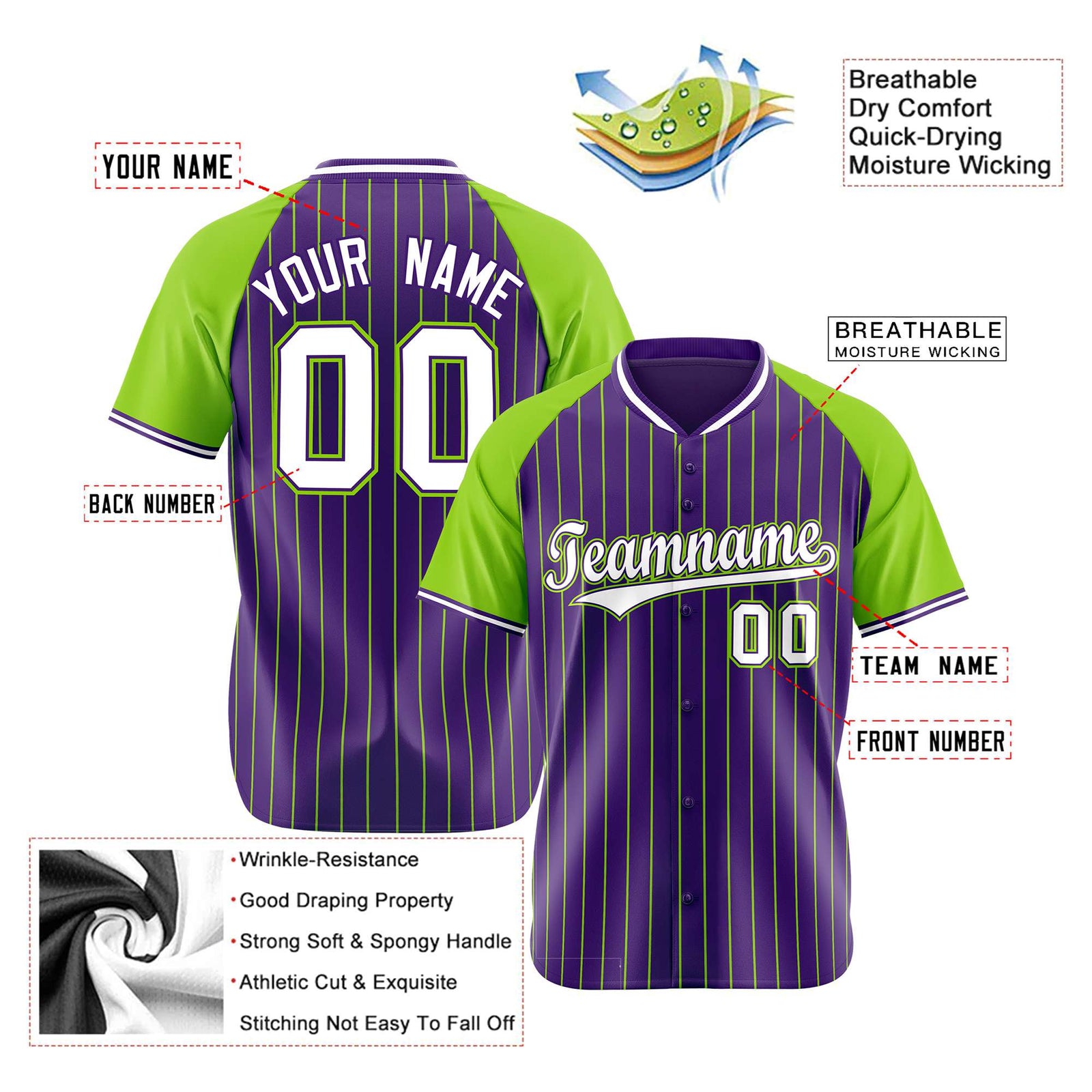 Custom Purple-Neon Green Pinstripe Authentic Raglan Sleeves Baseball Jersey