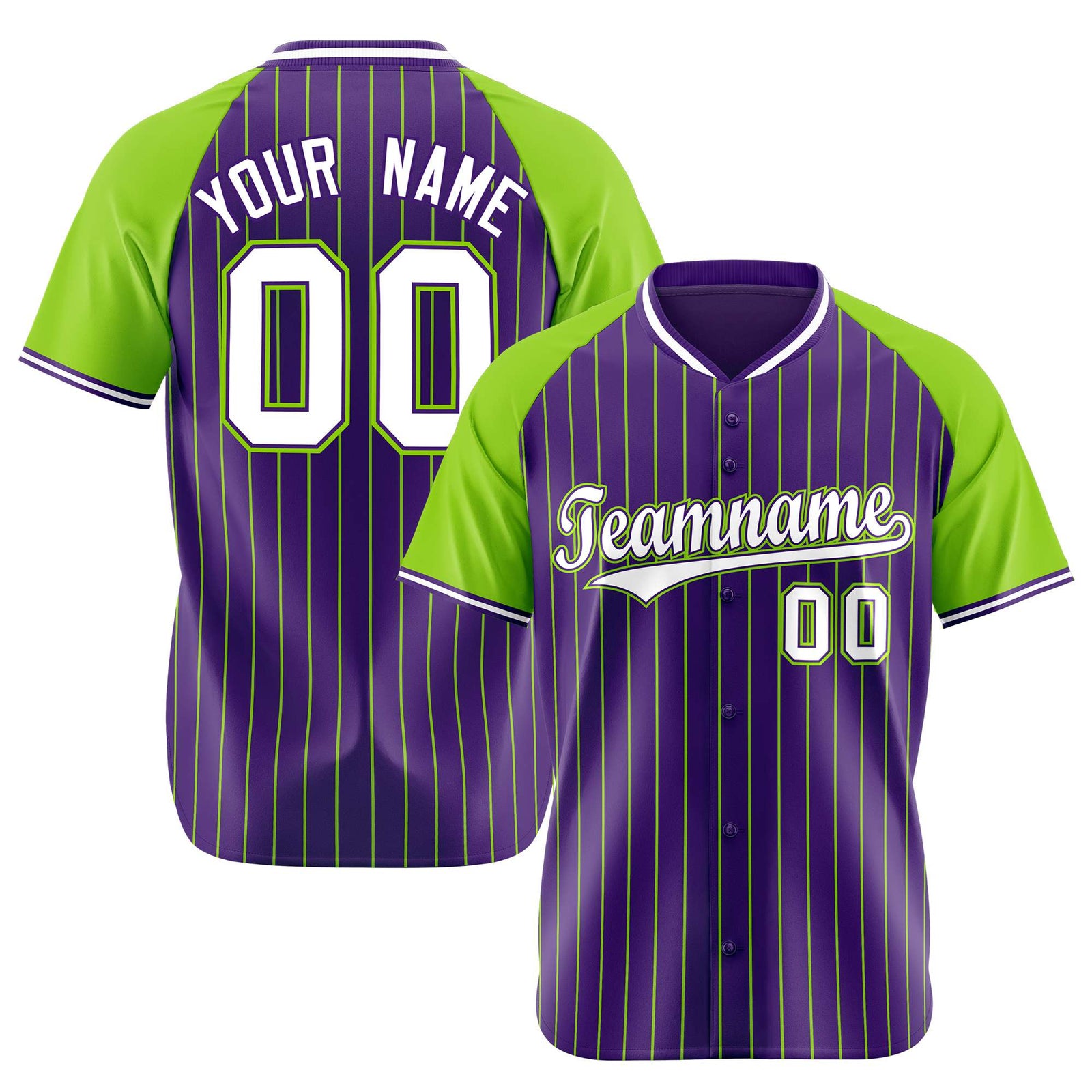 Custom Purple-Neon Green Pinstripe Authentic Raglan Sleeves Baseball Jersey