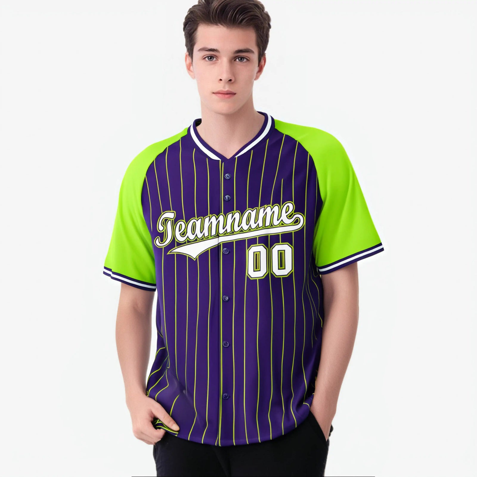 Custom Purple-Neon Green Pinstripe Authentic Raglan Sleeves Baseball Jersey