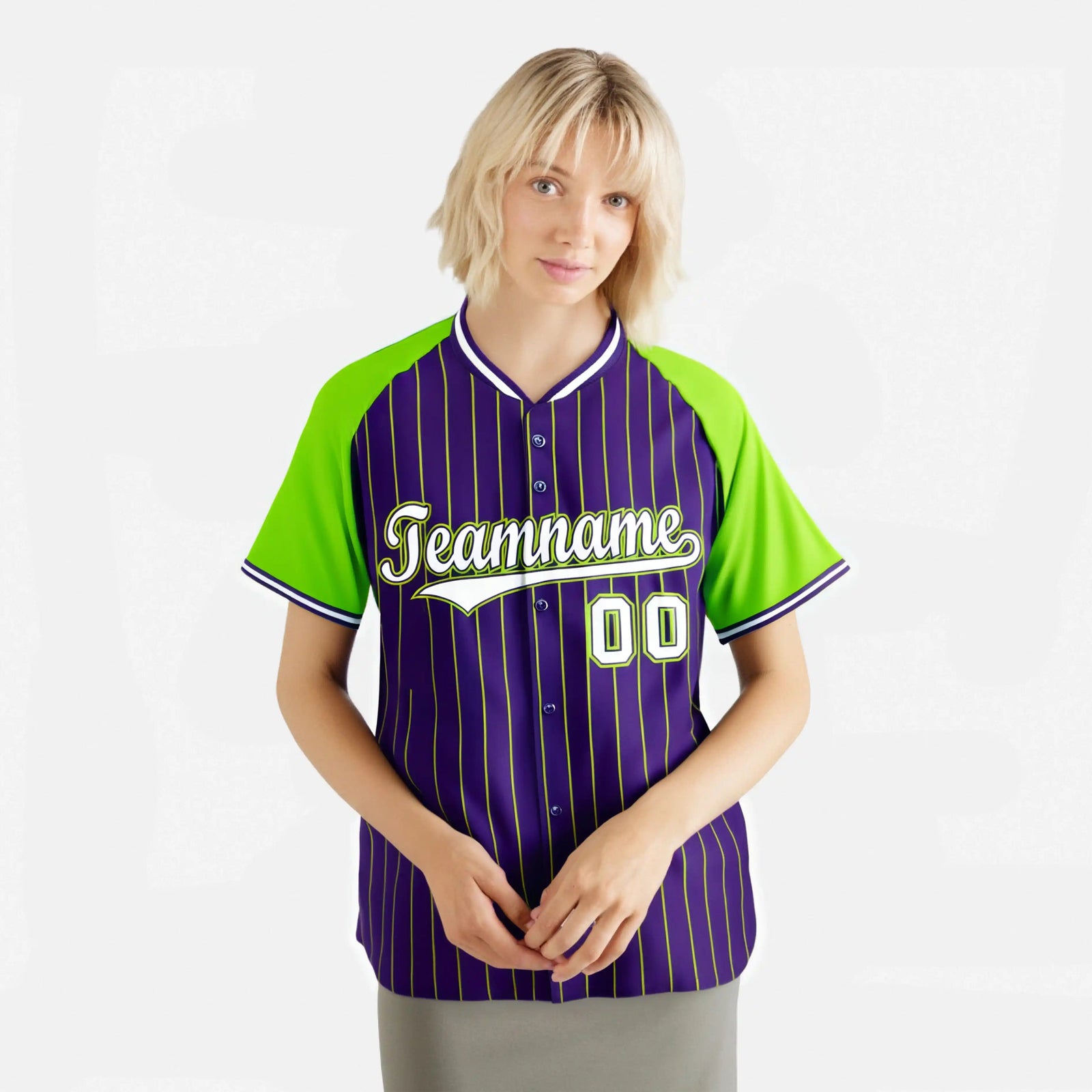 Custom Purple-Neon Green Pinstripe Authentic Raglan Sleeves Baseball Jersey