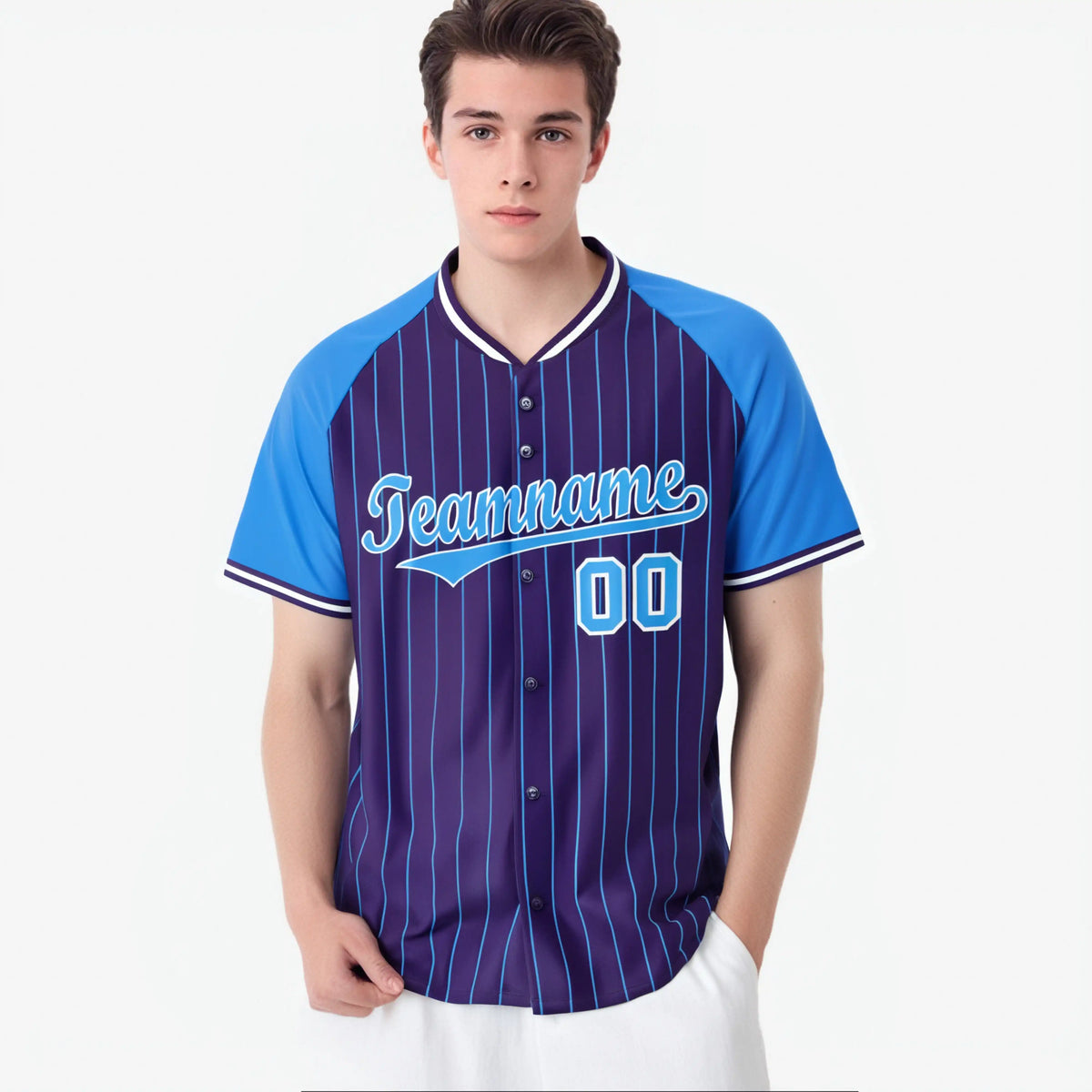 Custom Purple Blue Pinstripe Blue-Purple Authentic Raglan Sleeves Baseball Jersey