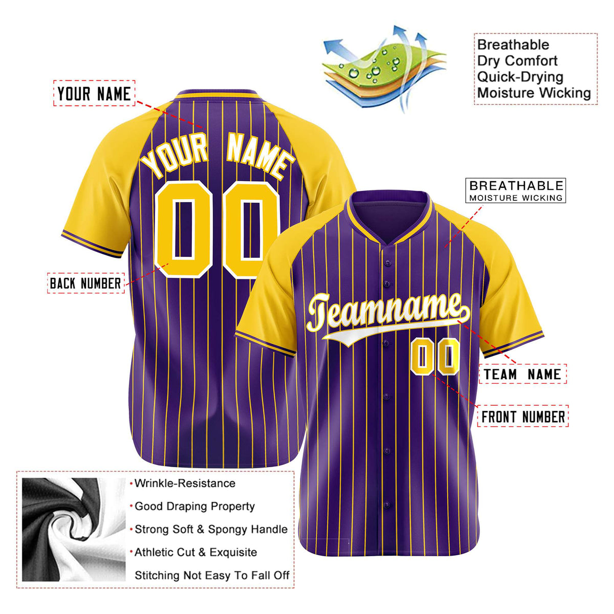 Custom Purple Yellow Pinstripe Yellow-Purple Authentic Raglan Sleeves Baseball Jersey