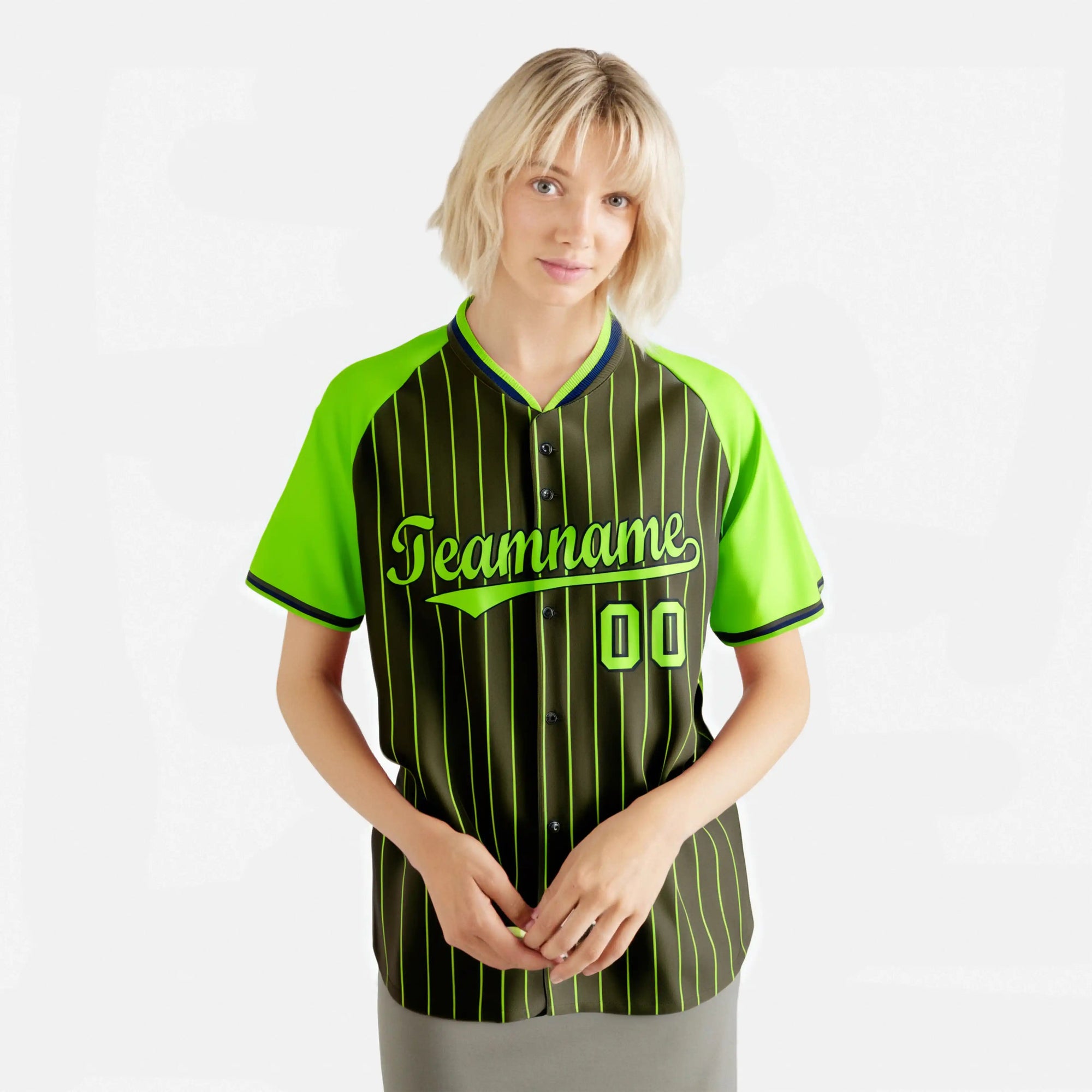 Custom Olive-Neon Green Pinstripe Authentic Raglan Sleeves Baseball Jersey