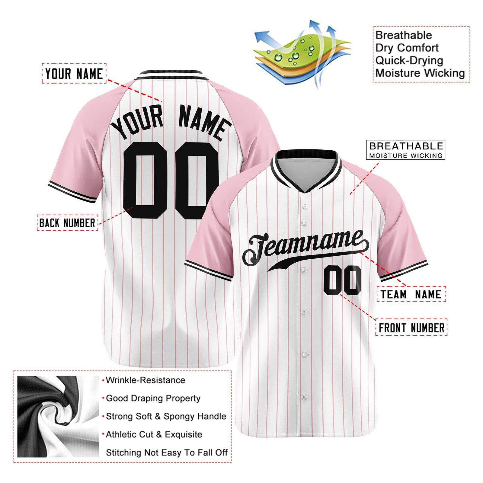 Custom White Pink Pinstripe Pink-White Authentic Raglan Sleeves Baseball Jersey