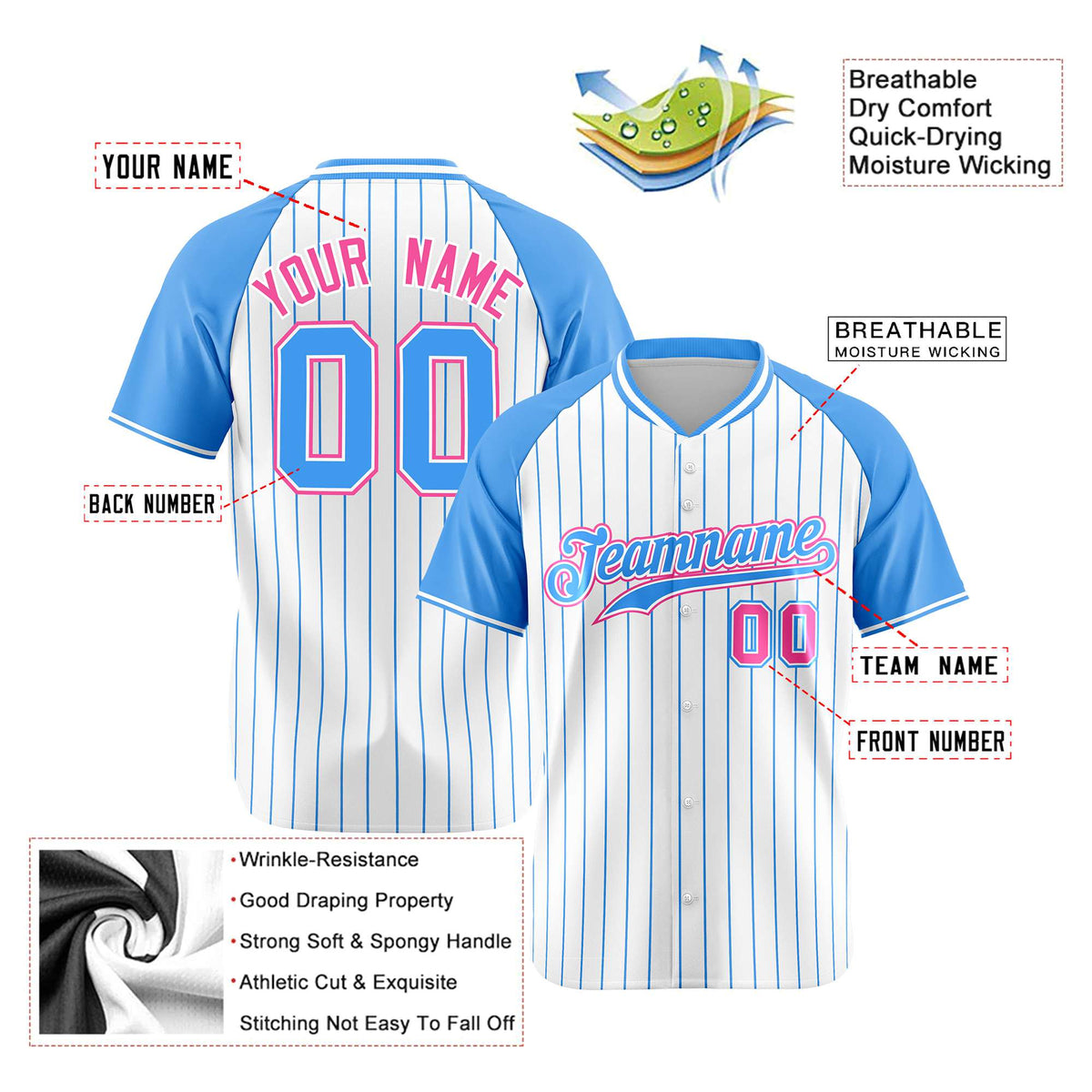 Custom White-Light Blue Pinstripe Authentic Raglan Sleeves Baseball Jersey