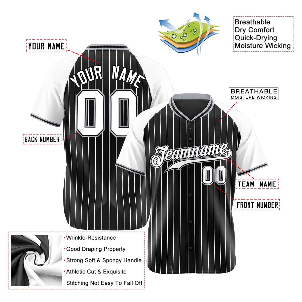 Custom Black White Pinstripe White-Black Authentic Raglan Sleeves Baseball Jersey