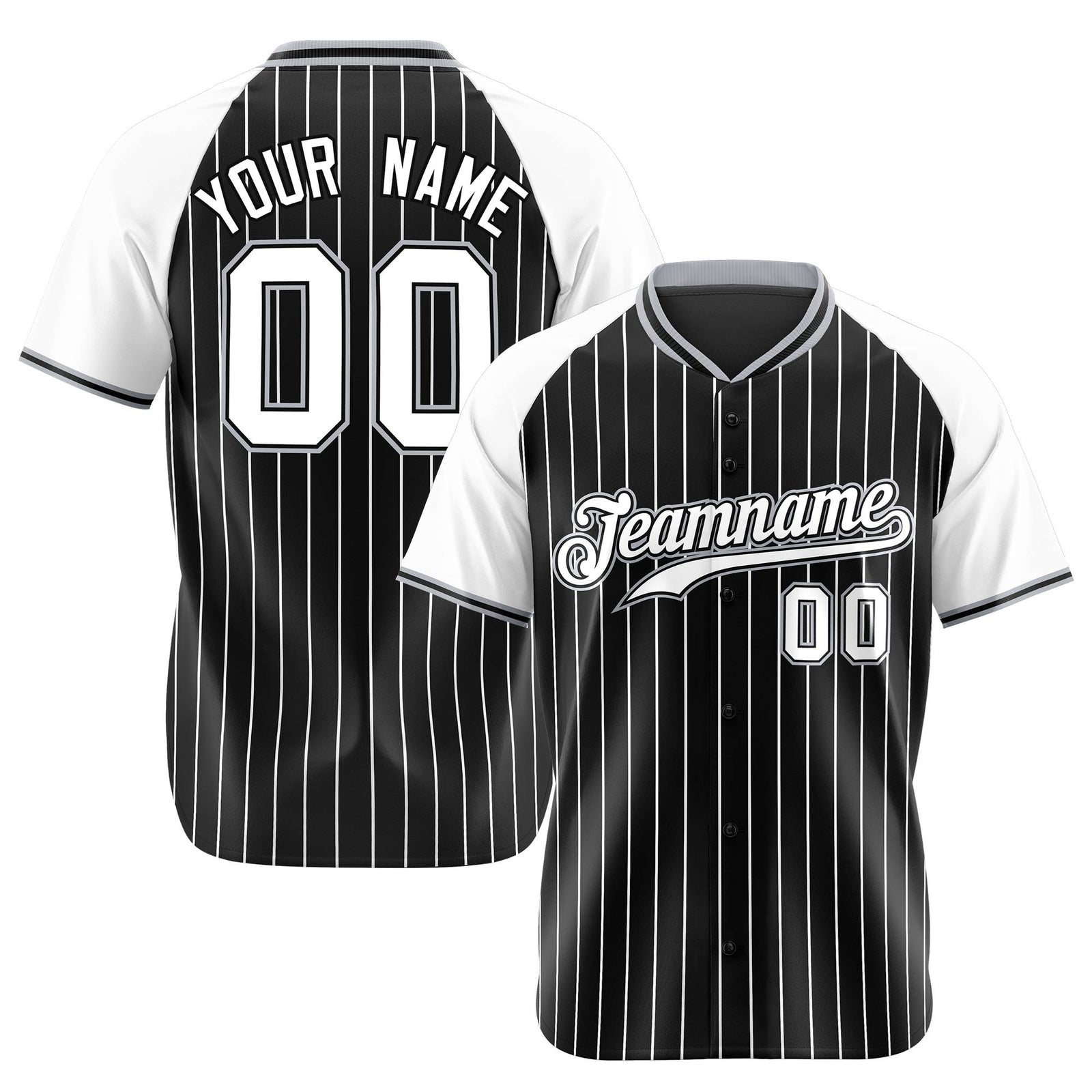 Custom Black White Pinstripe White-Black Authentic Raglan Sleeves Baseball Jersey
