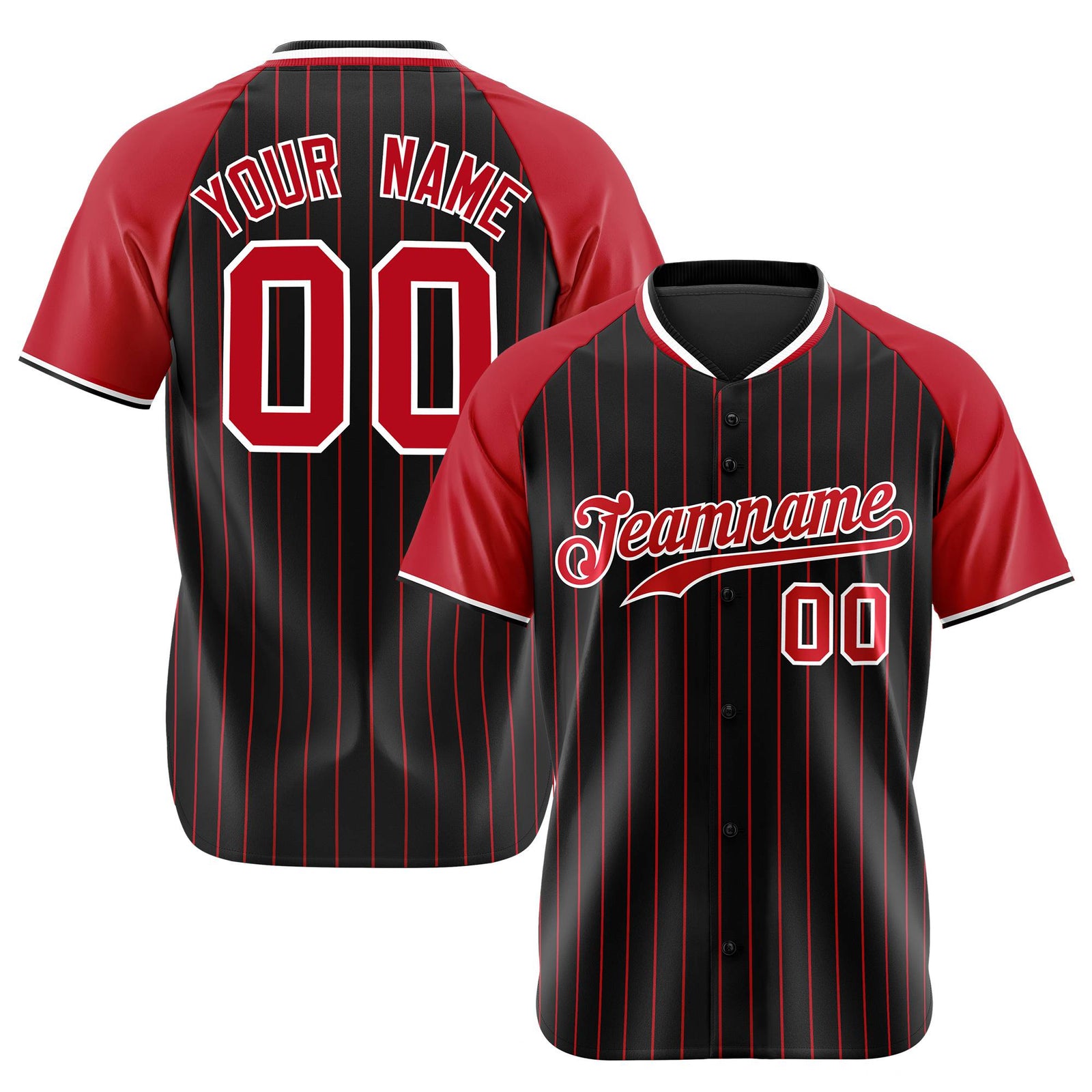 Custom Black Red Pinstripe Red-Black Authentic Raglan Sleeves Baseball Jersey