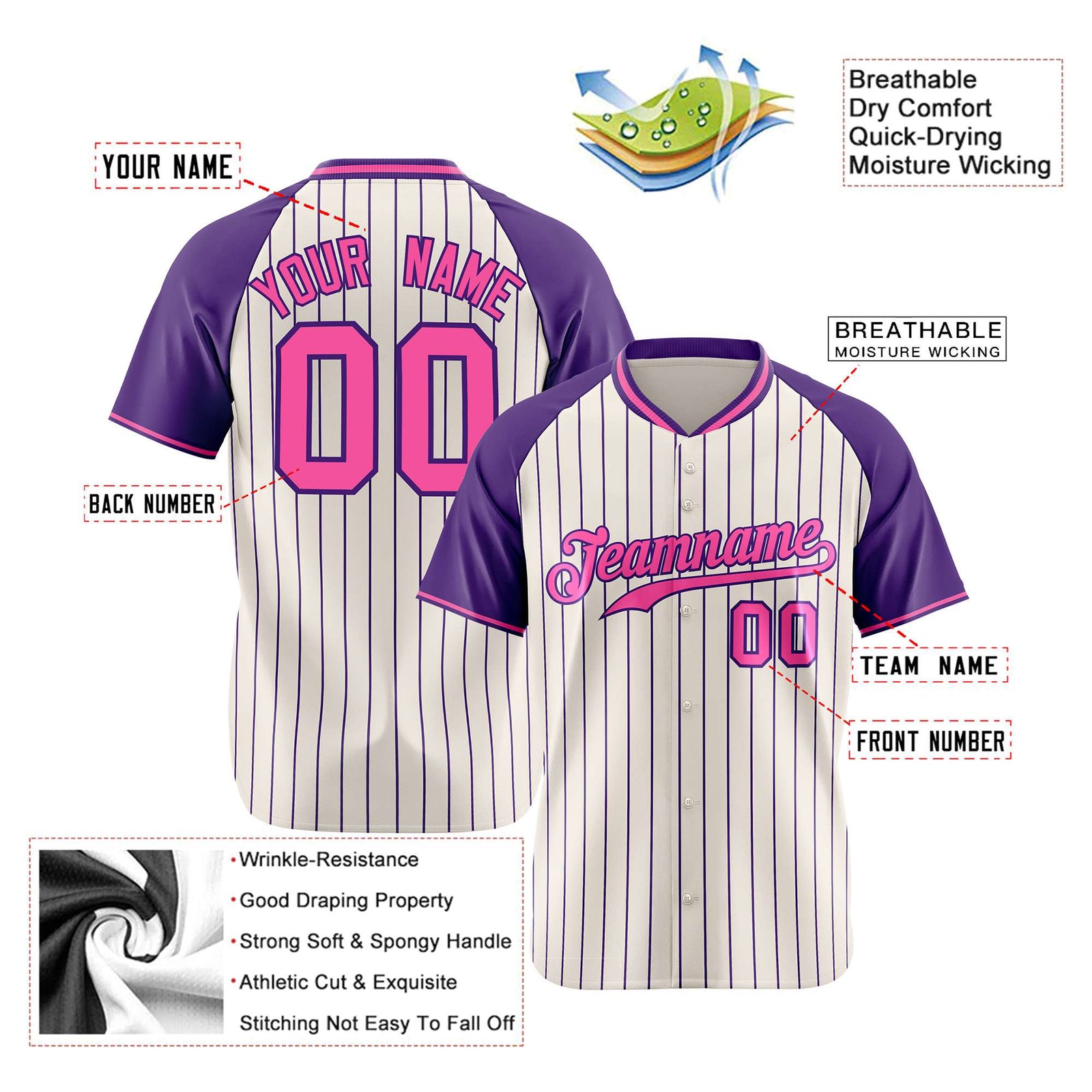 Custom Khaki Purple Pinstripe Authentic Raglan Sleeves Baseball Jersey