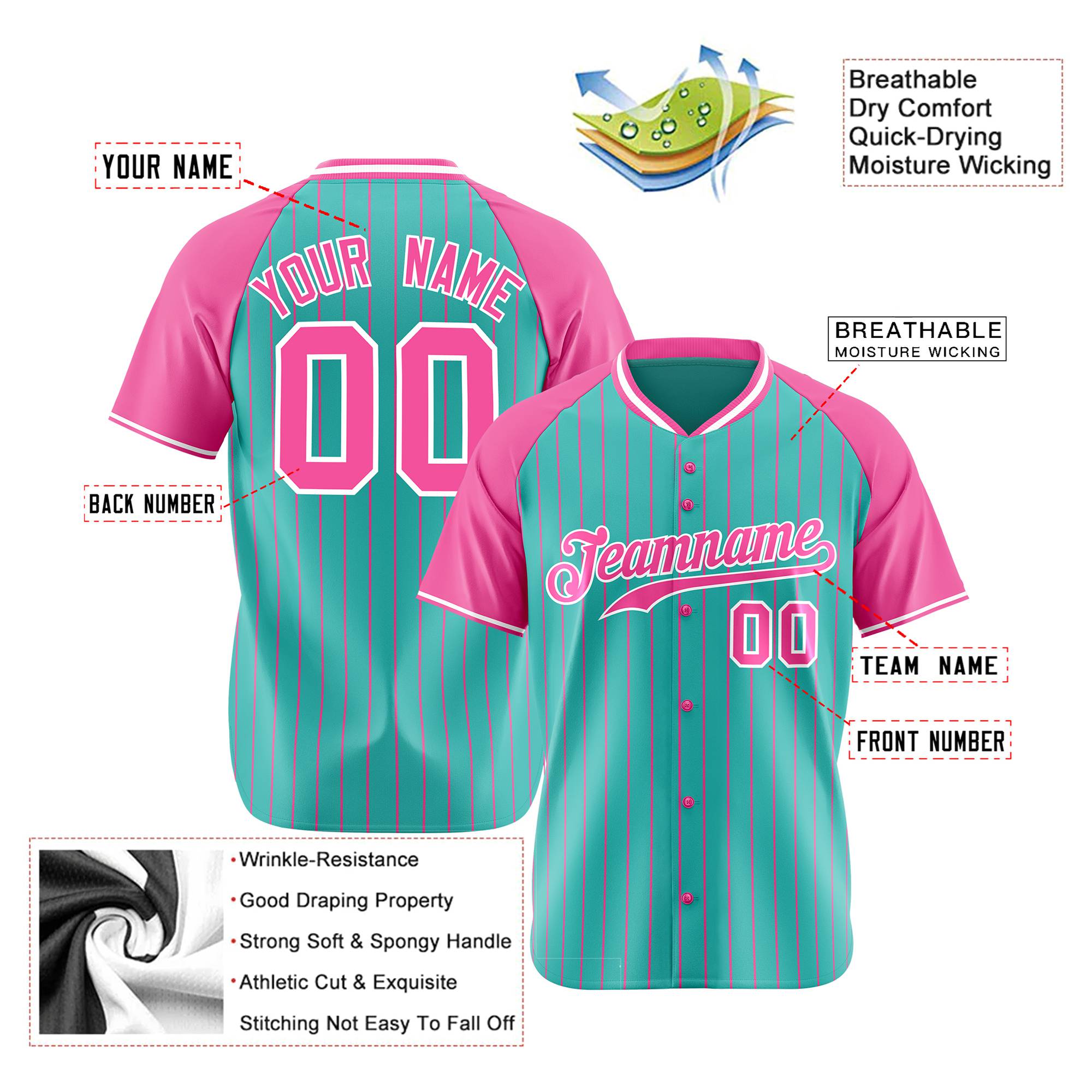 Custom Bright Green-Pink Pinstripe Authentic Raglan Sleeves Baseball Jersey