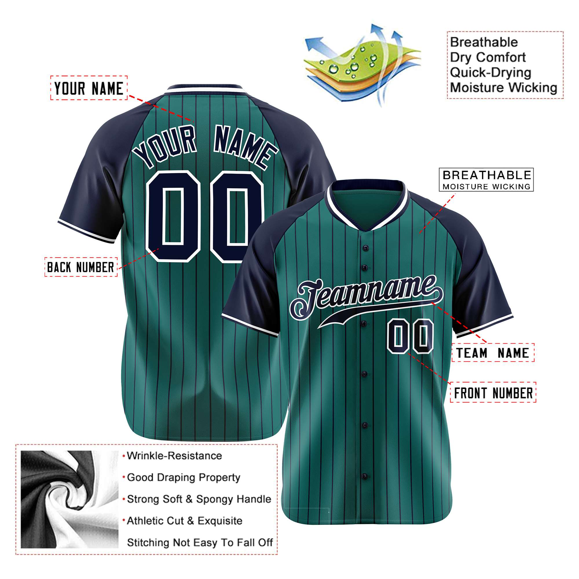 Custom Aqua Navy Pinstripe Authentic Raglan Sleeves Baseball Jersey