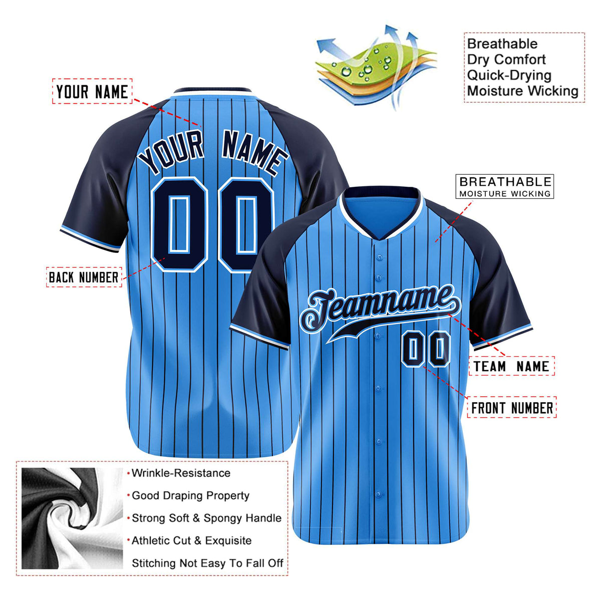 Custom Blue Navy Pinstripe Navy-Blue Authentic Raglan Sleeves Baseball Jersey
