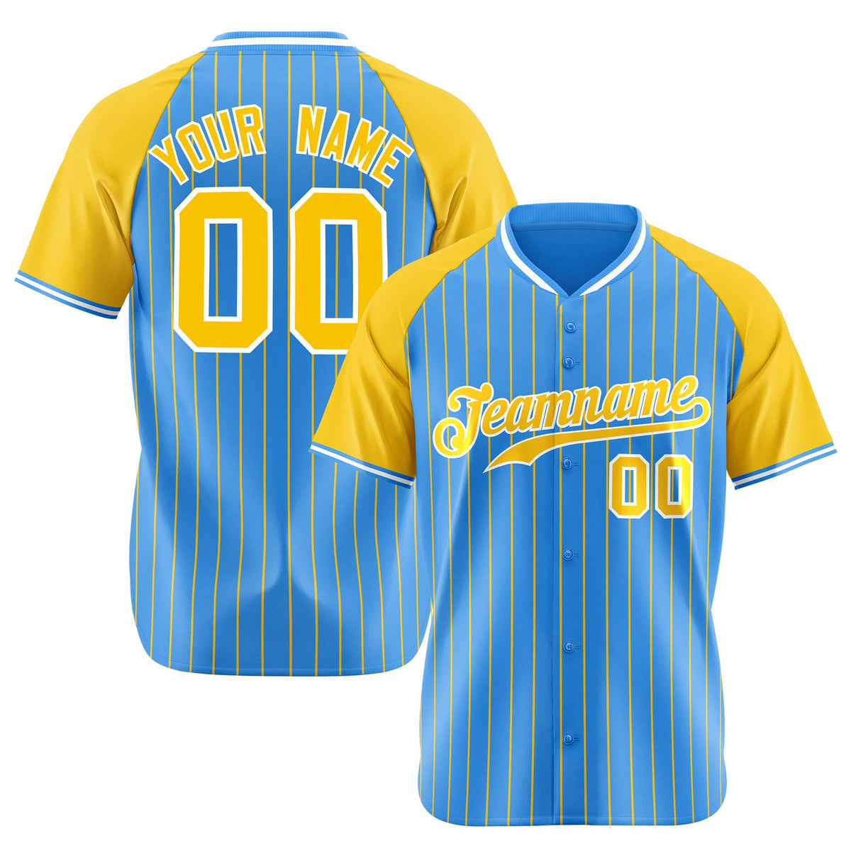 Custom Blue Yellow Pinstripe Yellow-Blue Authentic Raglan Sleeves Baseball Jersey