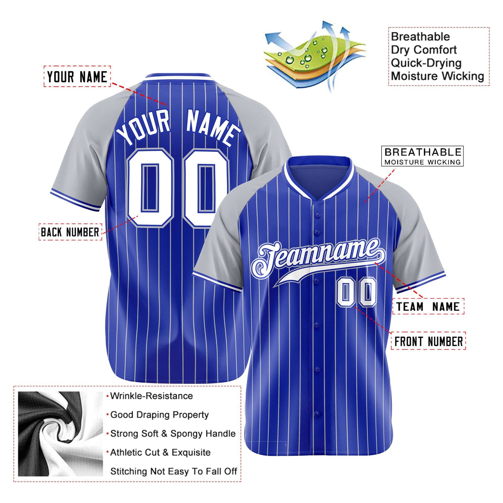 Custom Royal Blue-Gray Pinstripe Authentic Raglan Sleeves Baseball Jersey
