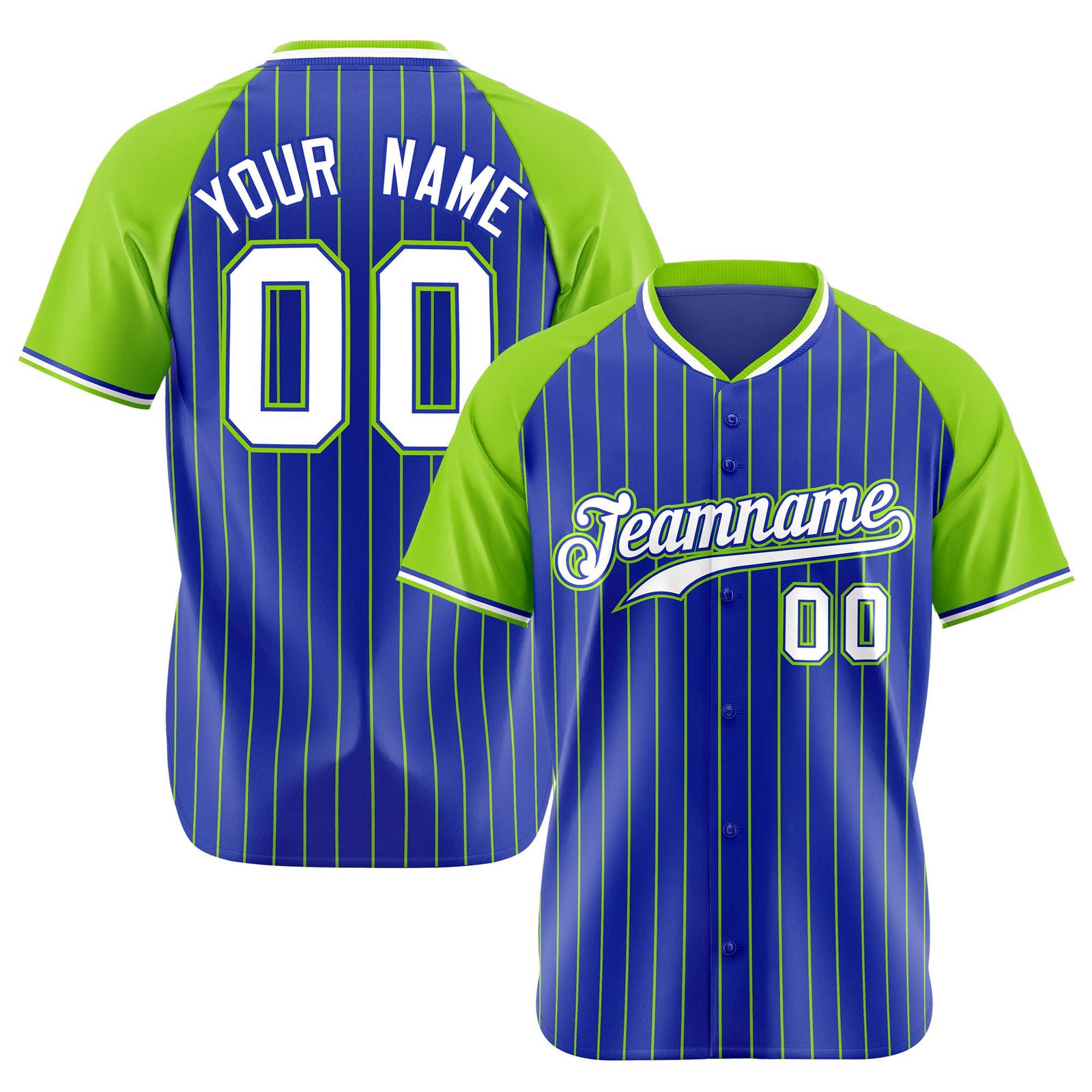 Custom Royal Blue-Green Pinstripe Authentic Raglan Sleeves Baseball Jersey