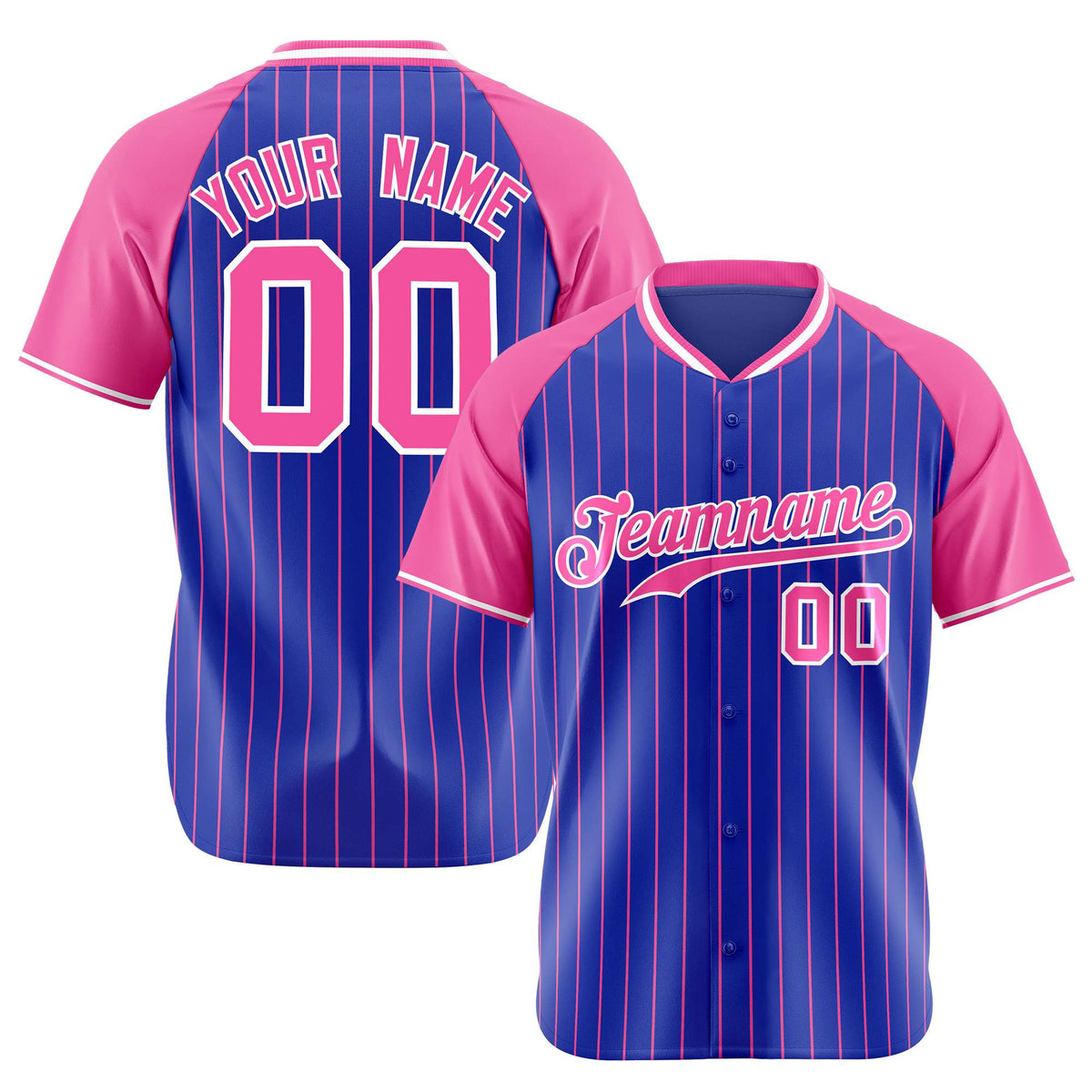 Custom Royal Blue-Pink Pinstripe Authentic Raglan Sleeves Baseball Jersey
