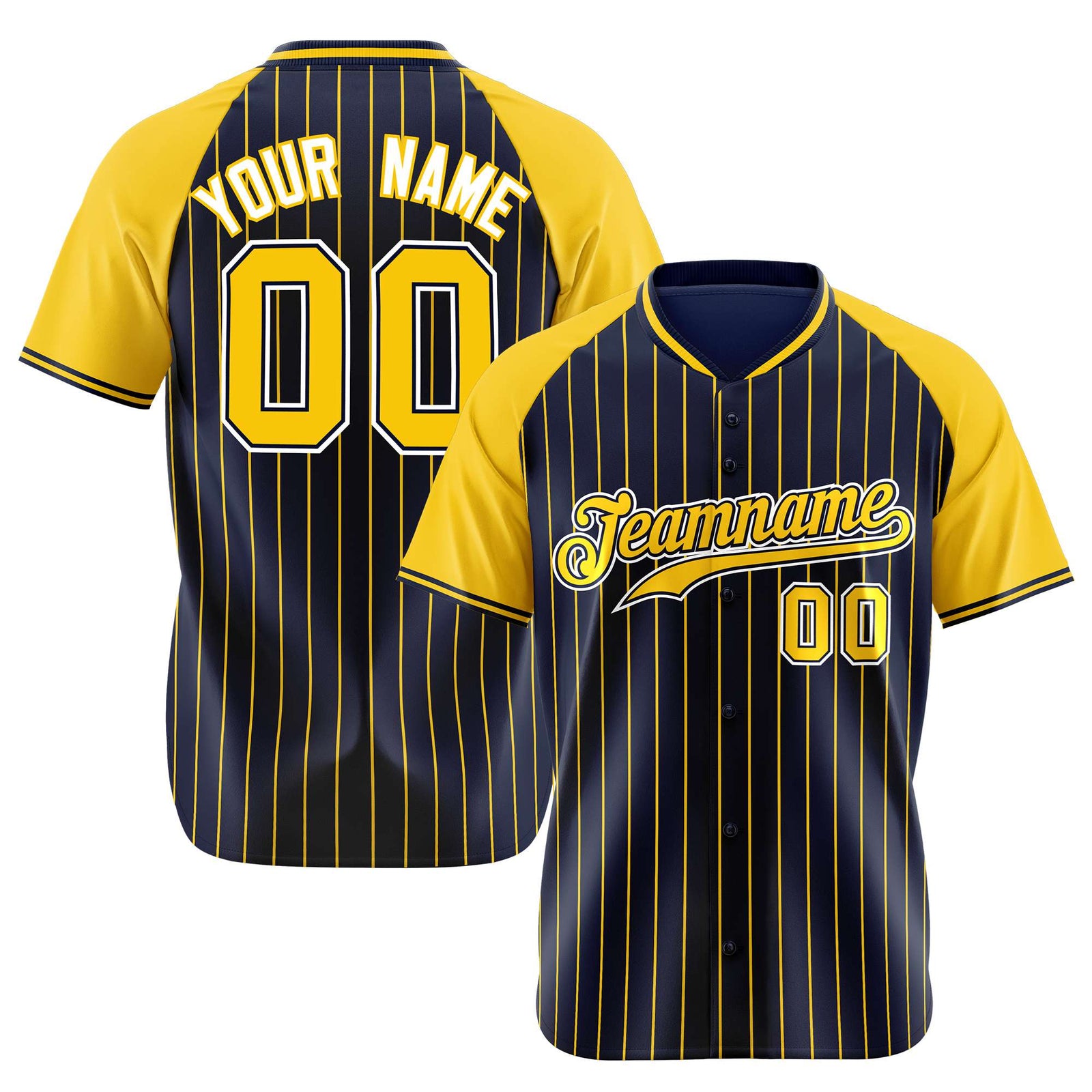 Custom Navy Yellow Pinstripe Yellow-Navy Authentic Raglan Sleeves Baseball Jersey
