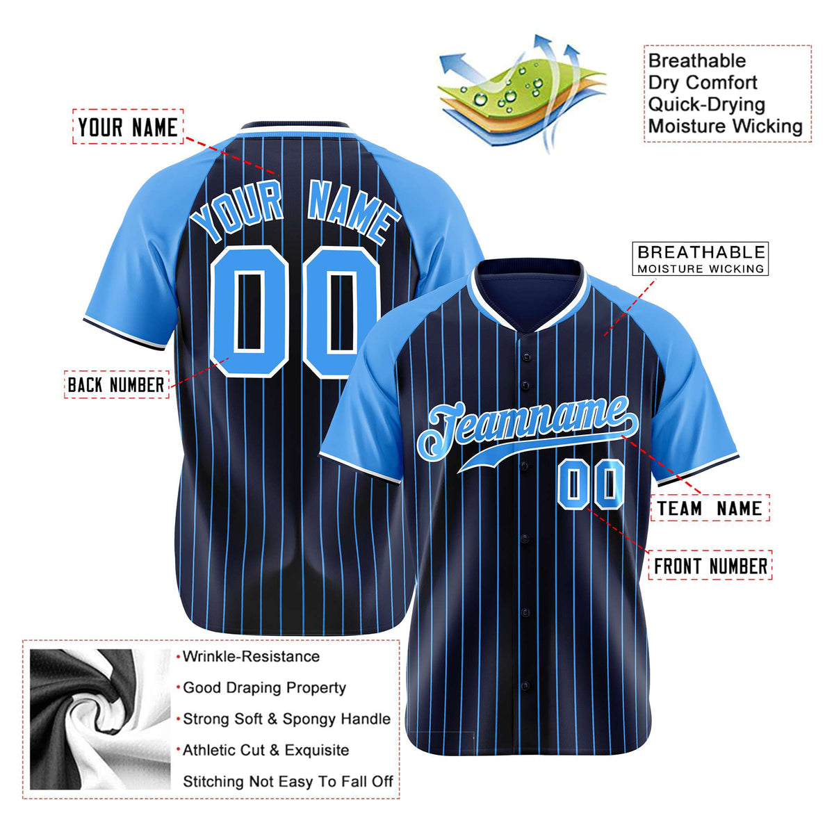 Custom Navy-Light Blue Pinstripe Authentic Raglan Sleeves Baseball Jersey