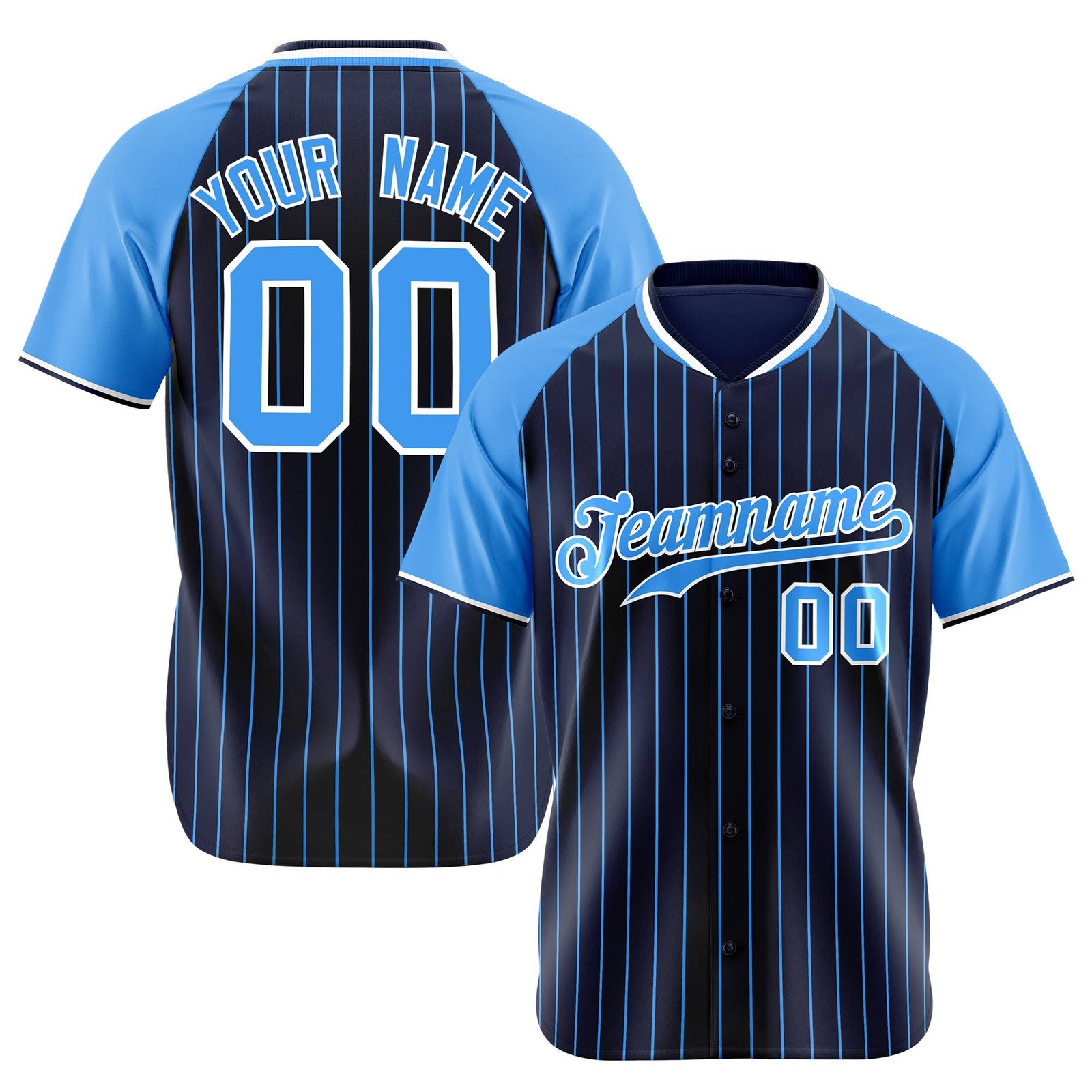 Custom Navy-Light Blue Pinstripe Authentic Raglan Sleeves Baseball Jersey