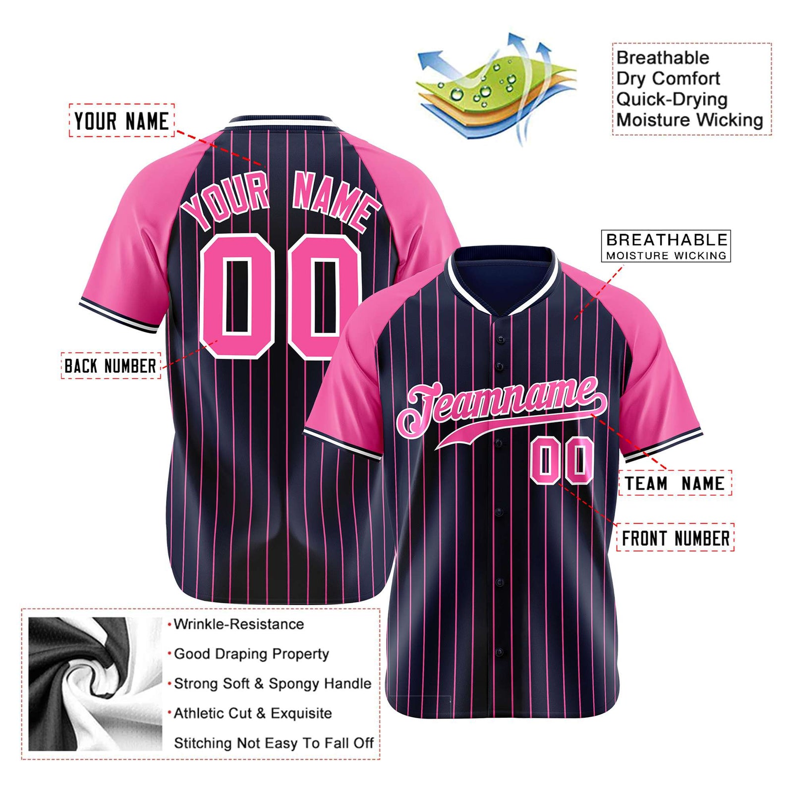 Custom Navy Pink Pinstripe Pink-Navy Authentic Raglan Sleeves Baseball Jersey