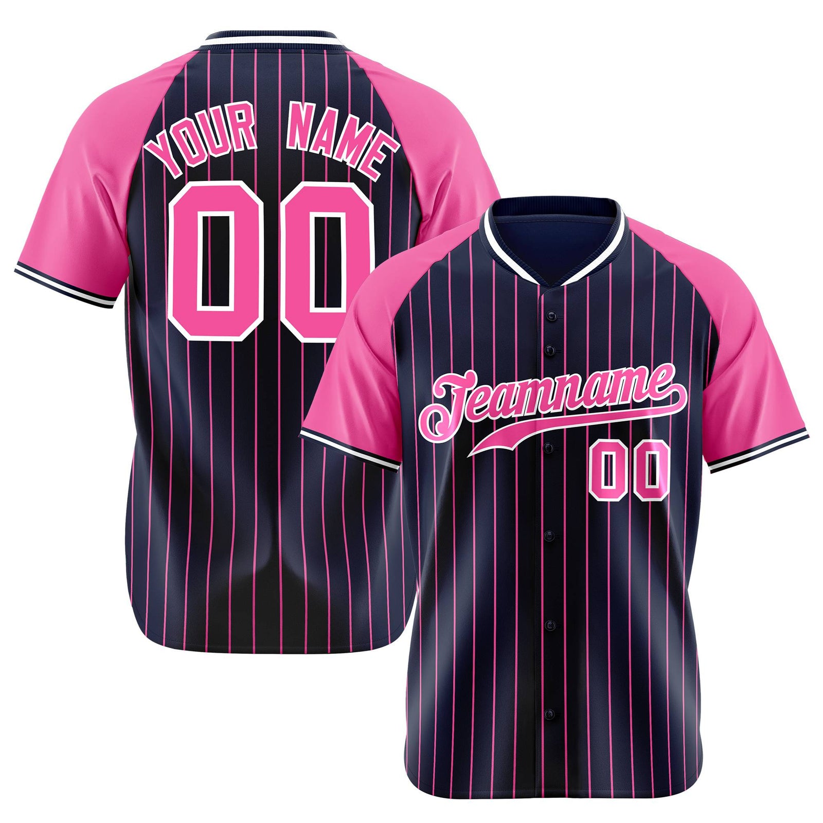 Custom Navy Pink Pinstripe Pink-Navy Authentic Raglan Sleeves Baseball Jersey