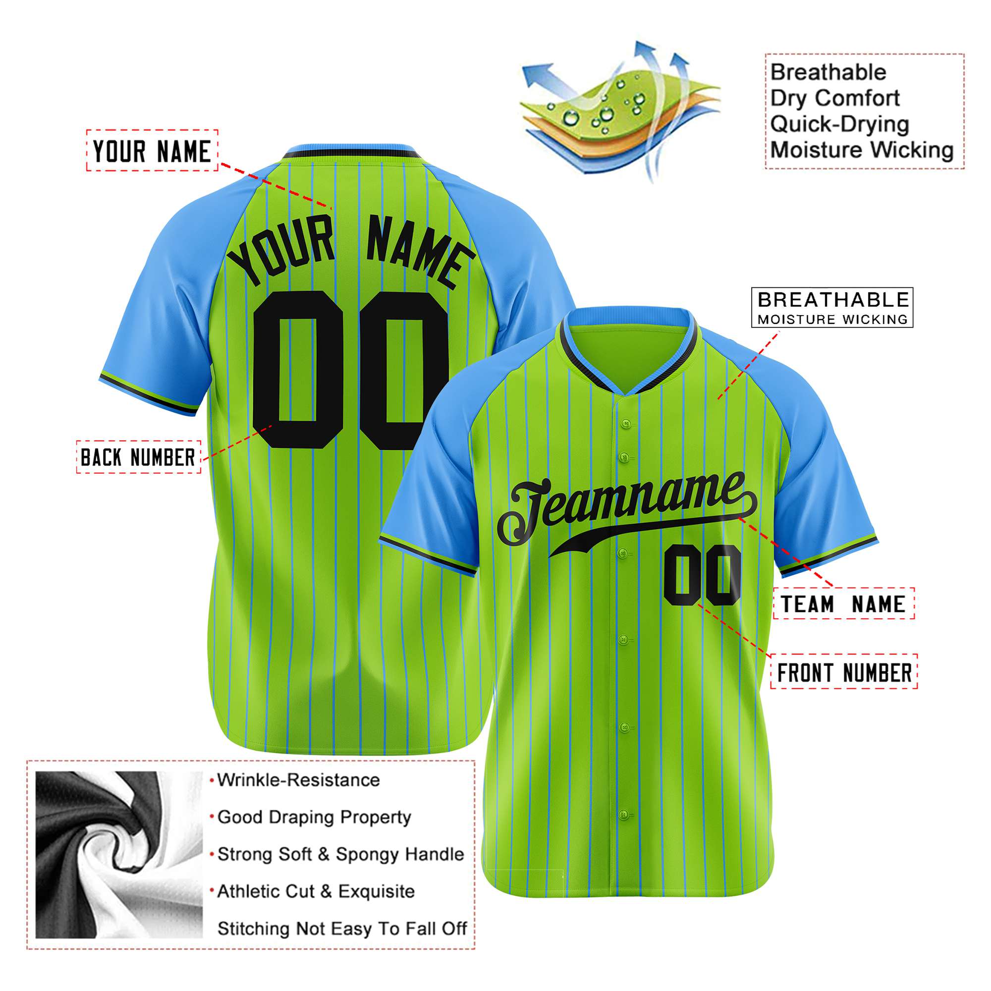 Custom Neon Green Blue Pinstripe Blue Neon-Green Authentic Raglan Sleeves Baseball Jersey