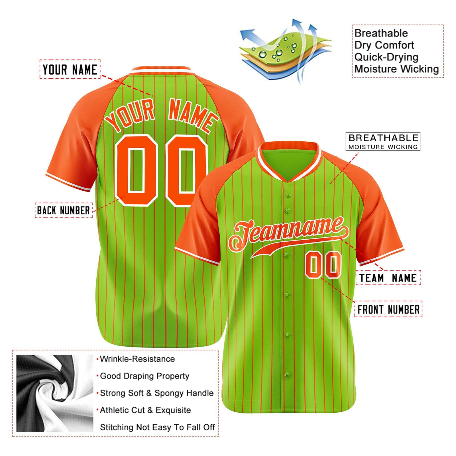 Custom Neon Green Orange Pinstripe Authentic Raglan Sleeves Baseball Jersey