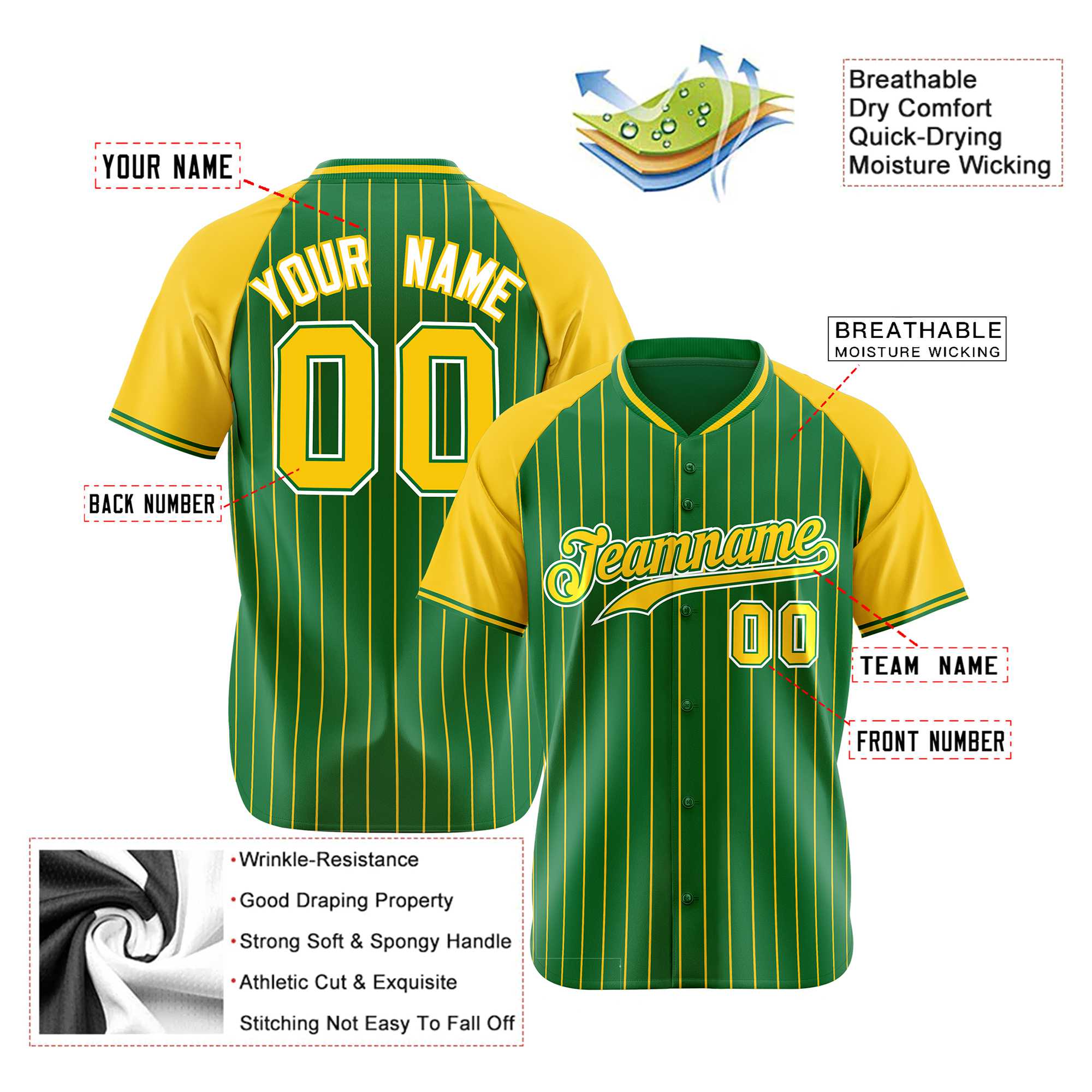 Custom Kelly Green-Yellow Pinstripe Authentic Raglan Sleeves Baseball Jersey