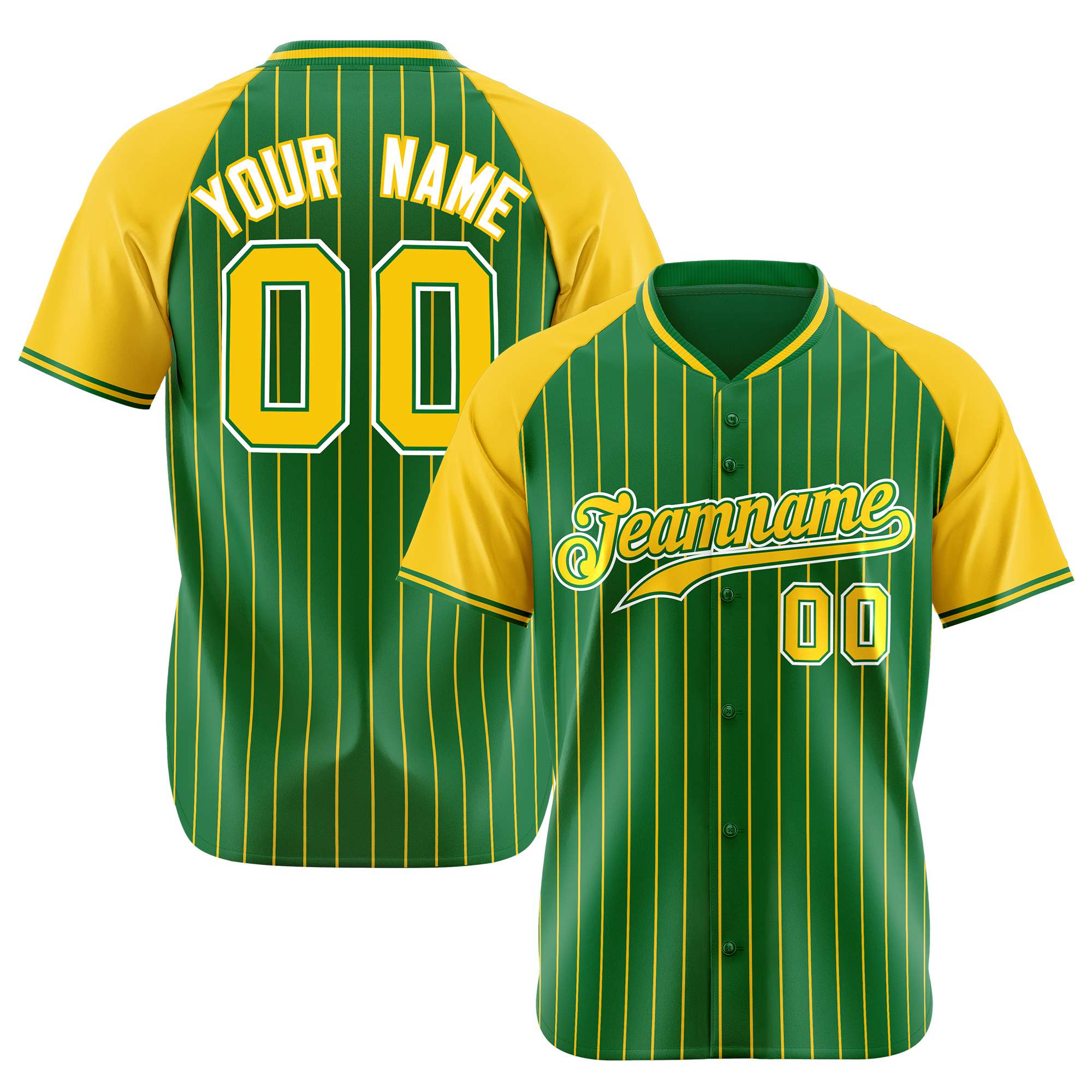 Custom Kelly Green-Yellow Pinstripe Authentic Raglan Sleeves Baseball Jersey