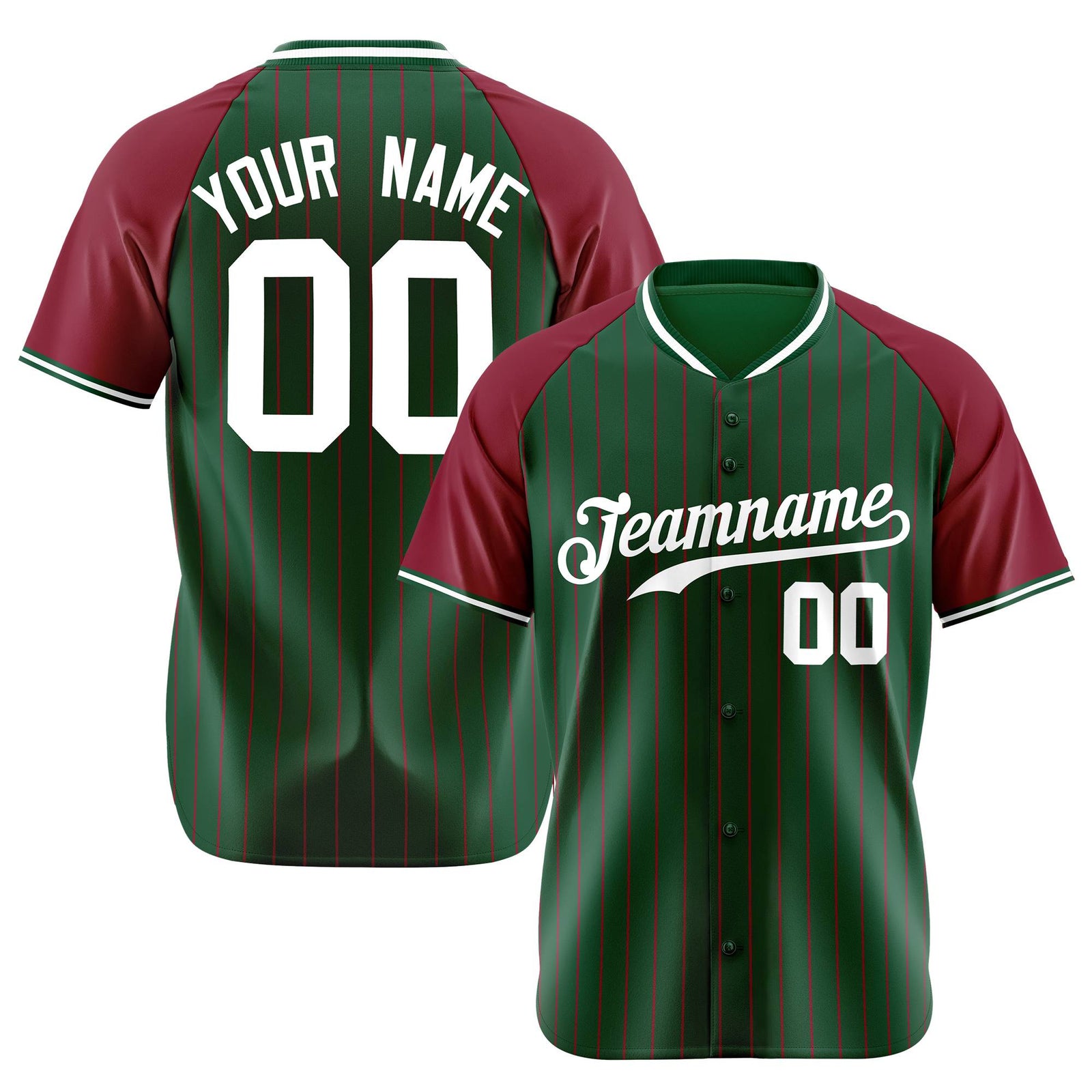 Custom Green Crimson Pinstripe Authentic Raglan Sleeves Baseball Jersey