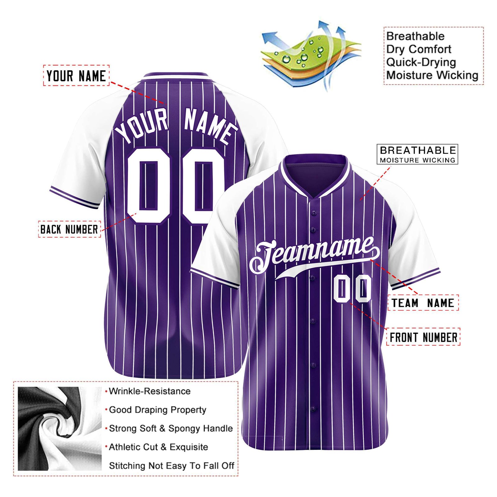 Custom Purple White Pinstripe White Purple Authentic Raglan Sleeves Baseball Jersey