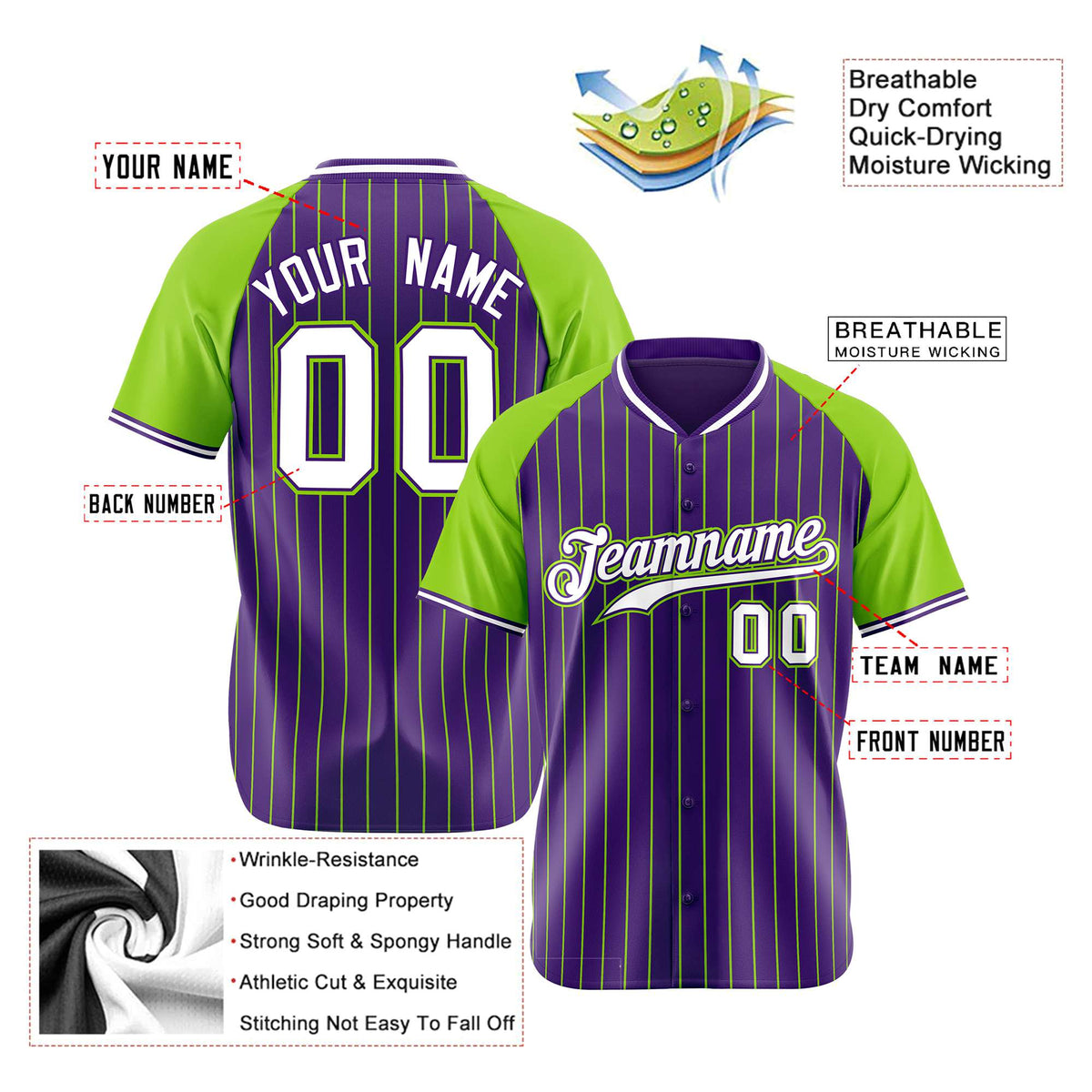 Custom Purple-Neon Green Pinstripe Authentic Raglan Sleeves Baseball Jersey