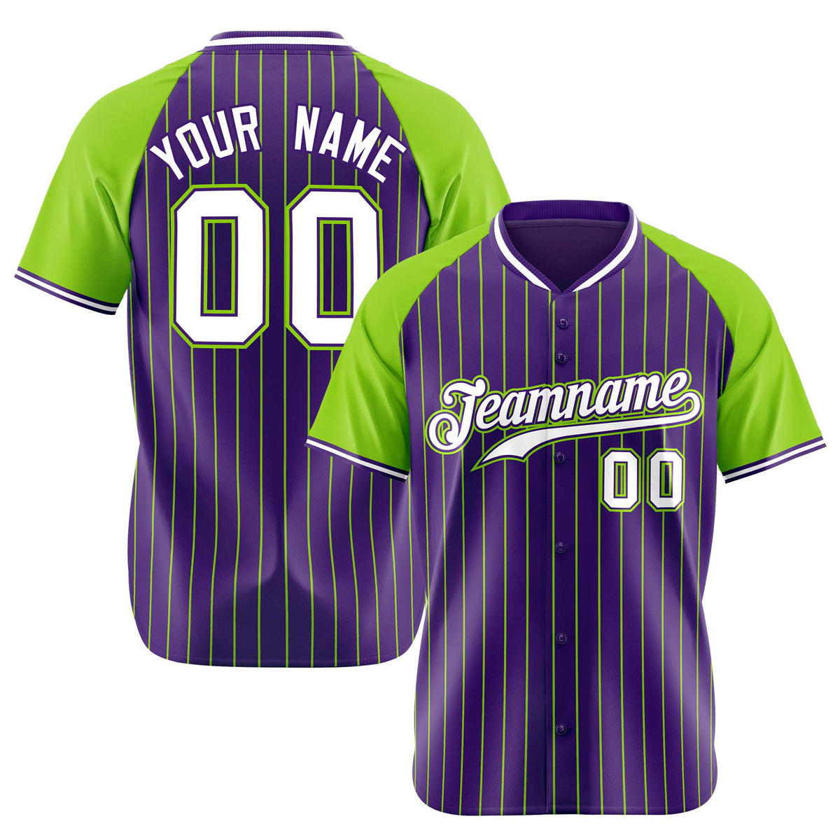 Custom Purple-Neon Green Pinstripe Authentic Raglan Sleeves Baseball Jersey