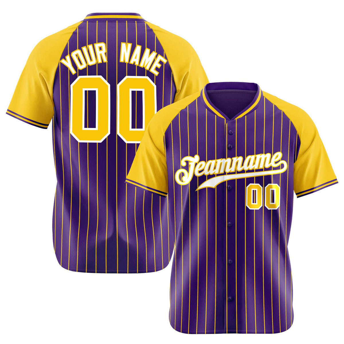 Custom Purple Yellow Pinstripe Yellow-Purple Authentic Raglan Sleeves Baseball Jersey