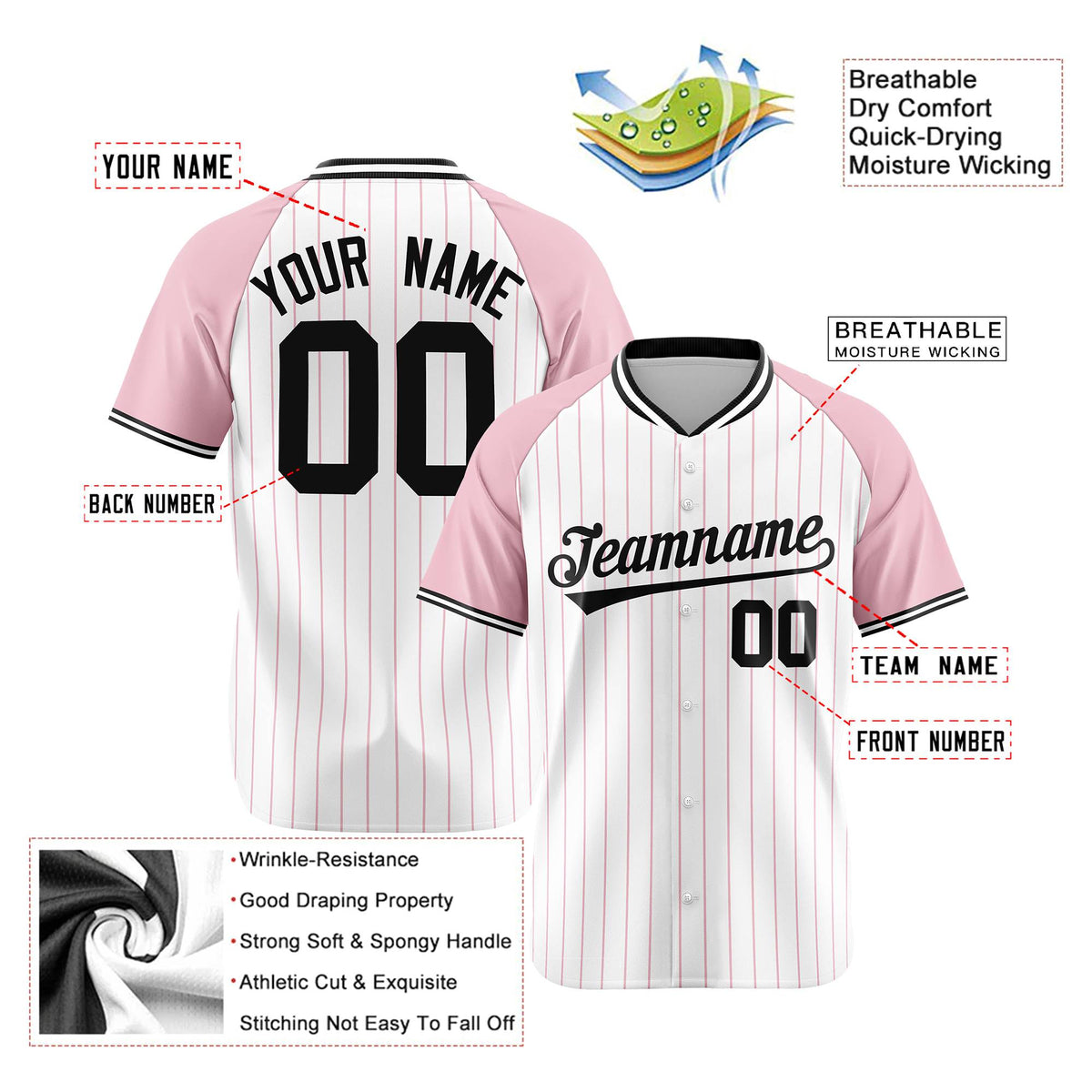 Custom White Pink Pinstripe Pink-White Authentic Raglan Sleeves Baseball Jersey