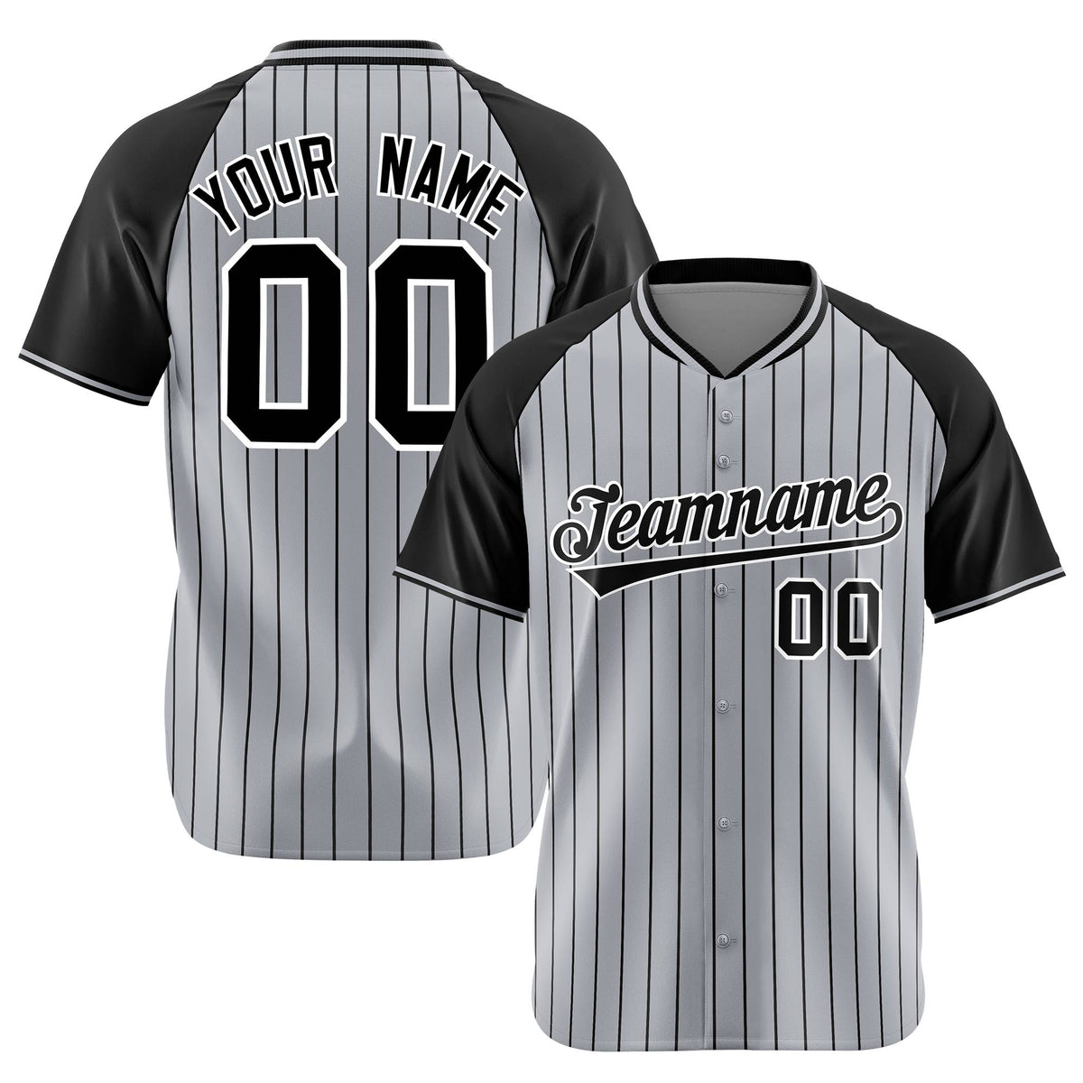 Custom Gray Black Pinstripe Black-Gray Authentic Raglan Sleeves Baseball Jersey