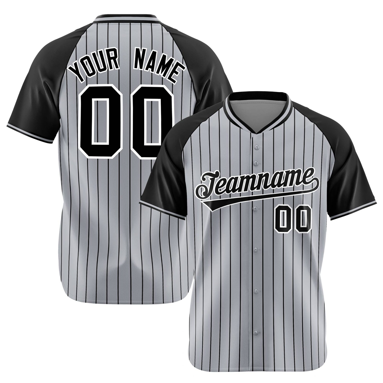 Custom Gray Black Pinstripe Black-Gray Authentic Raglan Sleeves Baseball Jersey