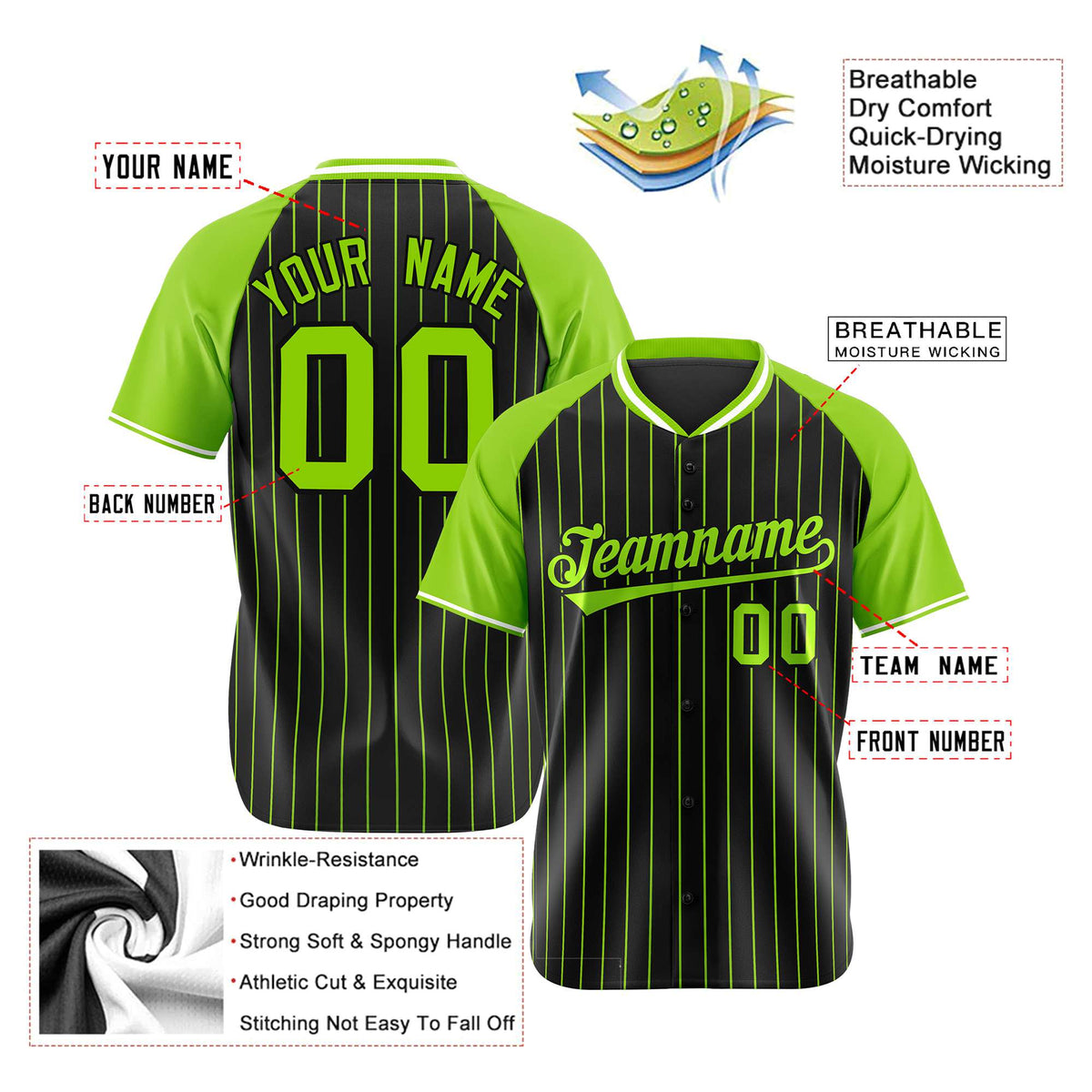 Custom Black-Neon Green Pinstripe Black-Neon Green Authentic Raglan Sleeves Baseball Jersey