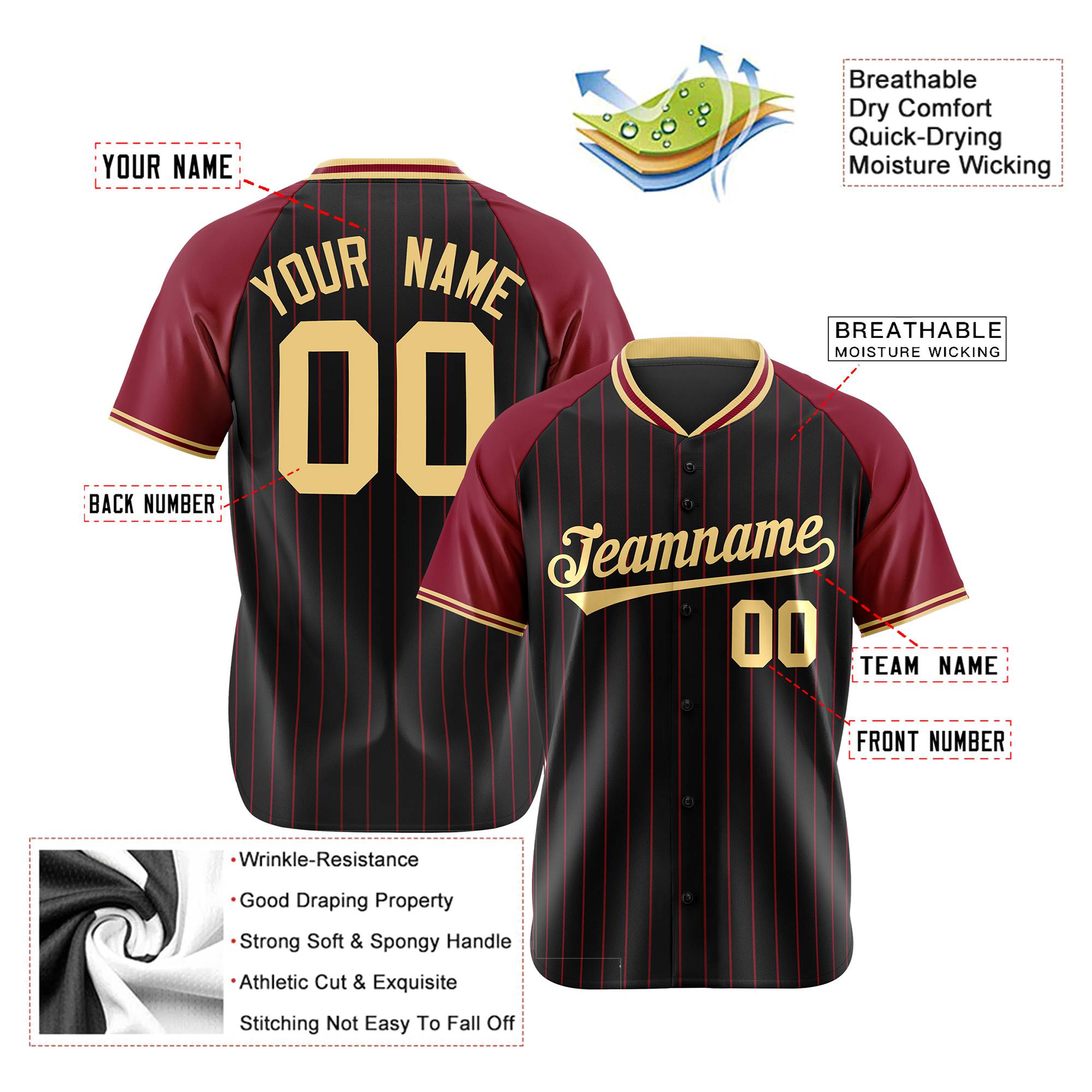 Custom Black Crimson Pinstripe Crimson-Black Authentic Raglan Sleeves Baseball Jersey