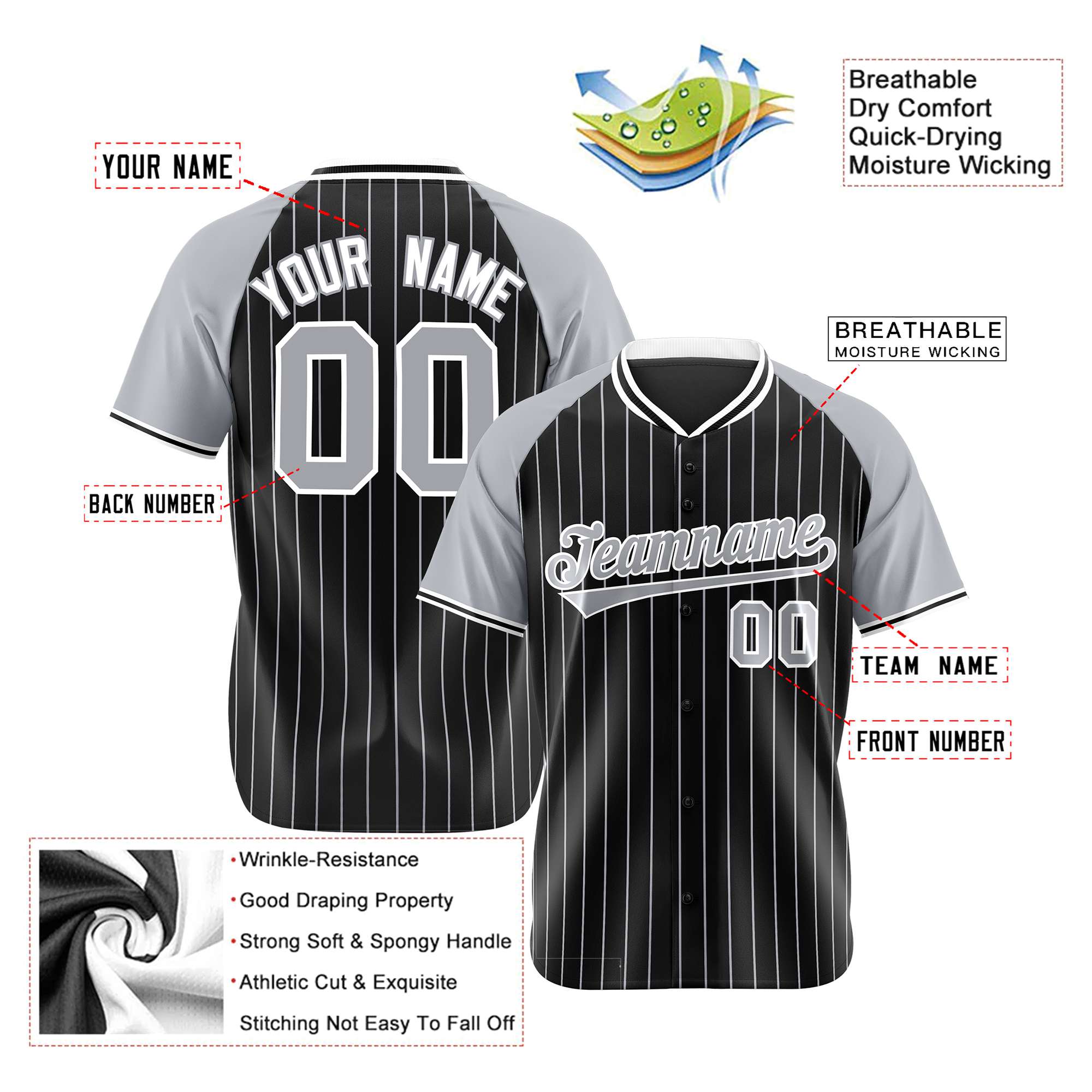 Custom Black Gray Pinstripe Gray-Black Authentic Raglan Sleeves Baseball Jersey