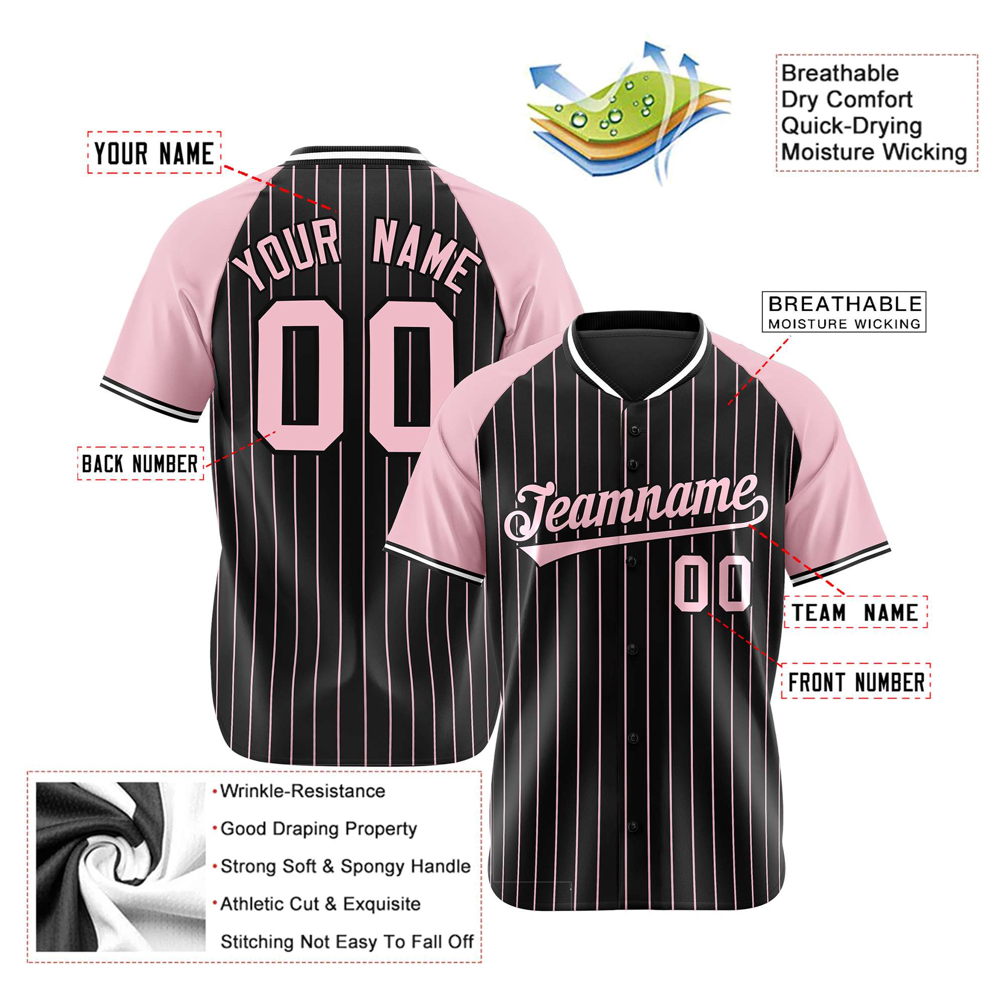 Custom Black Pink Pinstripe Pink-Black Authentic Raglan Sleeves Baseball Jersey