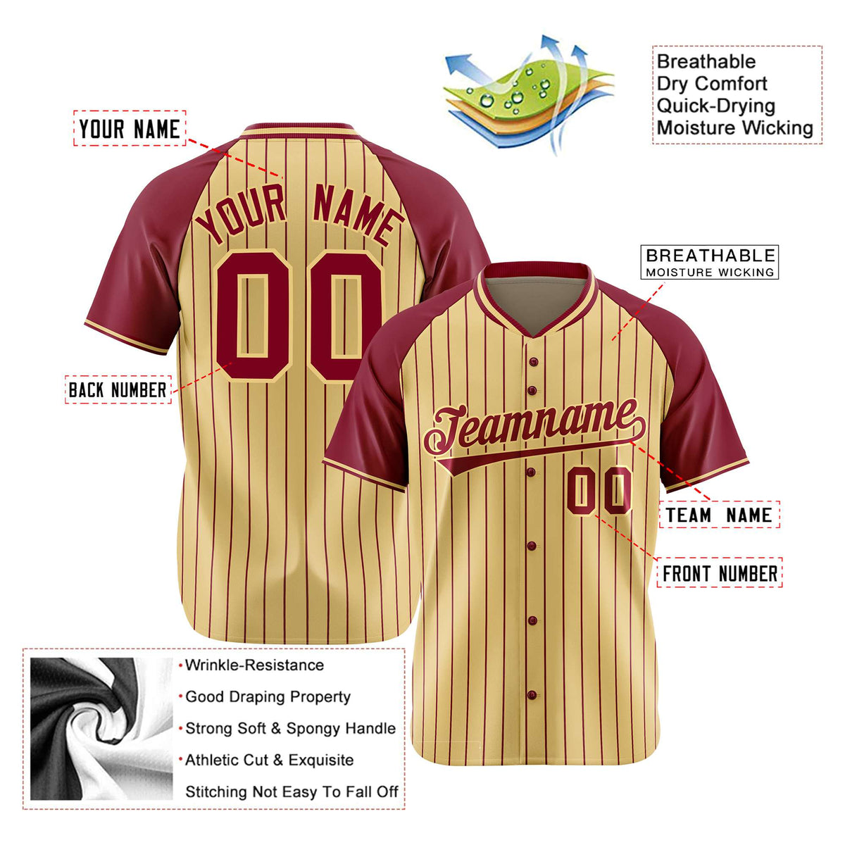 Custom Khaki Crimson Pinstripe Authentic Raglan Sleeves Baseball Jersey