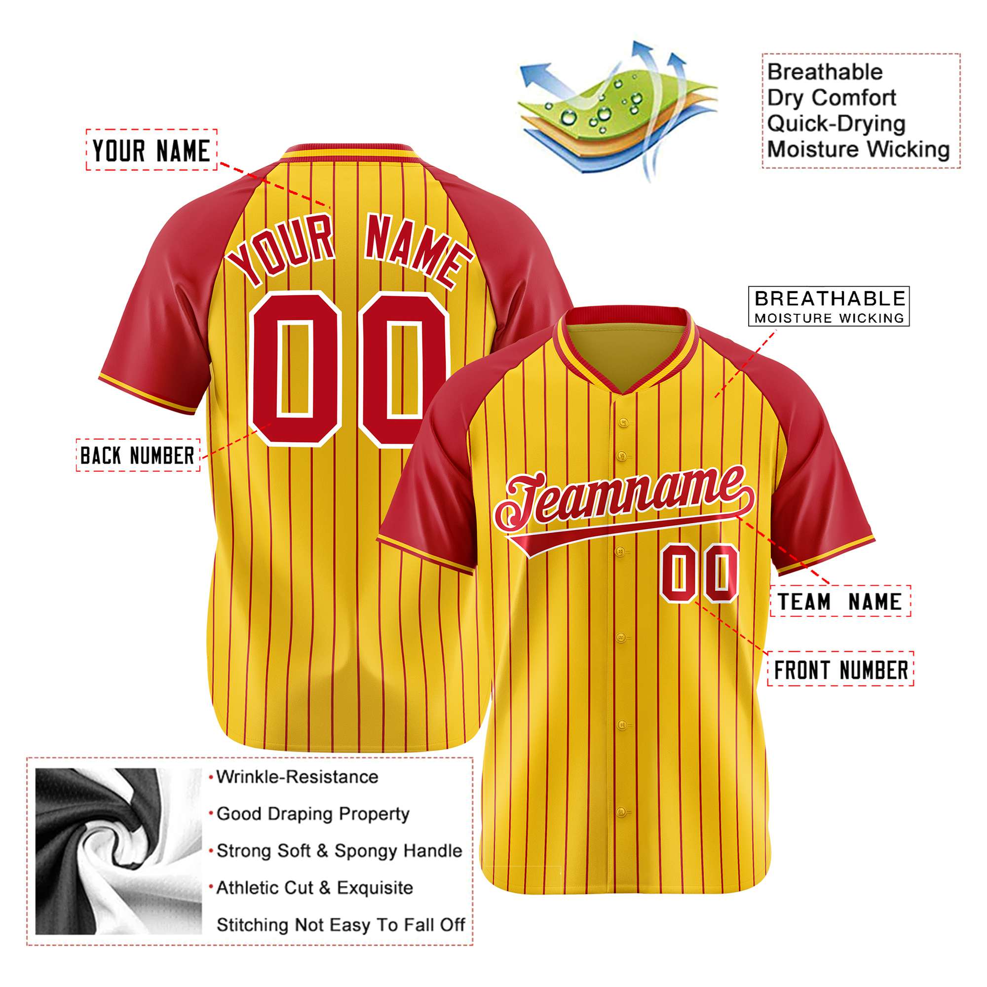 Custom Yellow Red Pinstripe Red-Yellow Authentic Raglan Sleeves Baseball Jersey