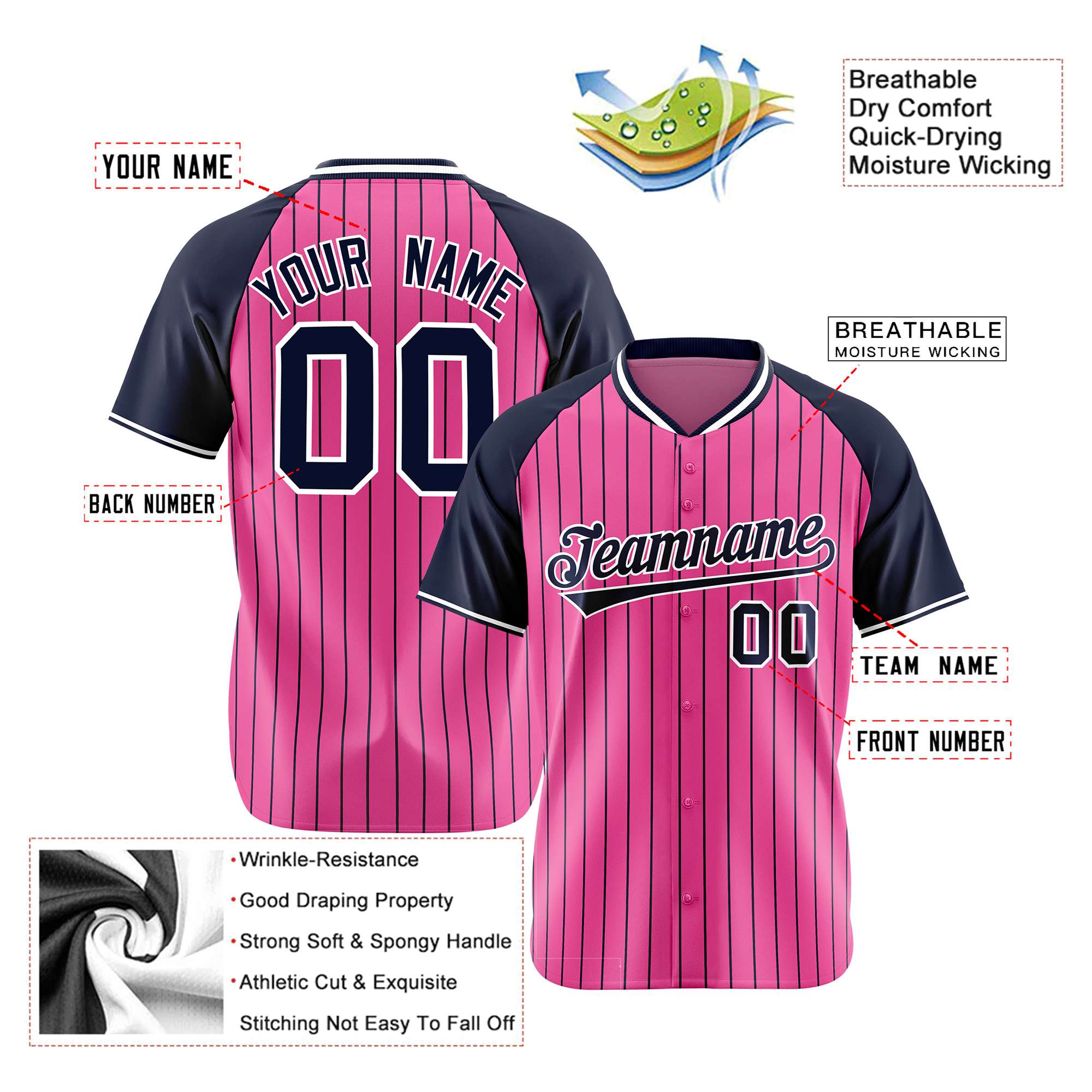 Custom Pink Navy Pinstripe Navy-Pink Authentic Raglan Sleeves Baseball Jersey