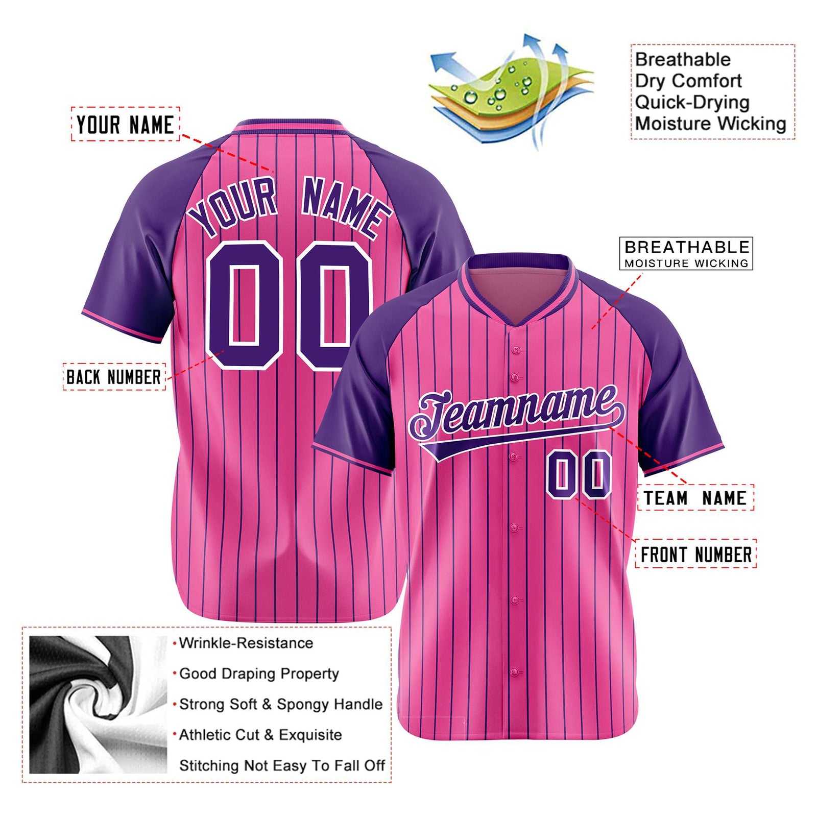 Custom Pink Purple Pinstripe Purple-Pink Authentic Raglan Sleeves Baseball Jersey
