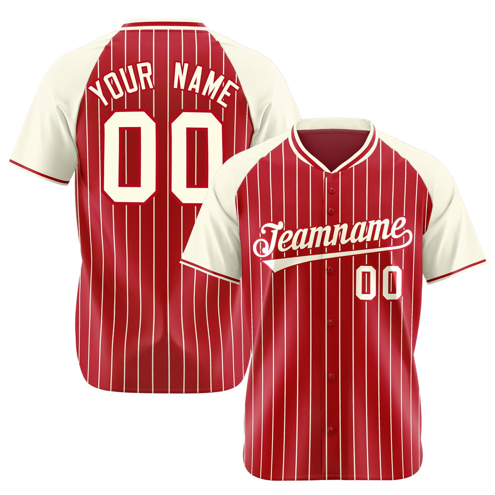 Custom Red Cream Pinstripe Cream-Red Authentic Raglan Sleeves Baseball Jersey