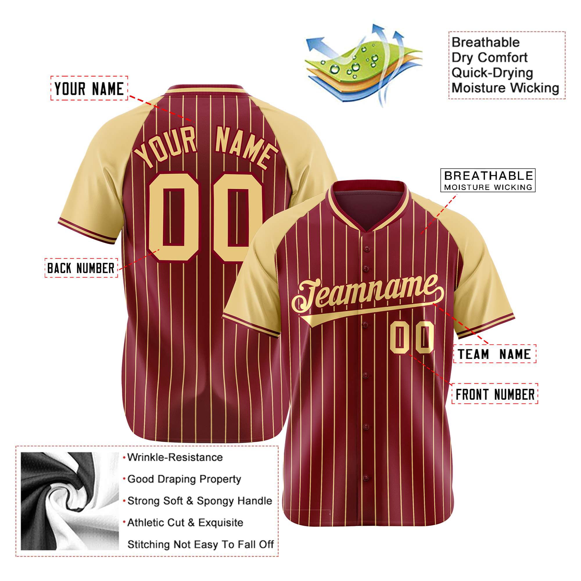 Custom Crimson Khaki Pinstripe Authentic Raglan Sleeves Baseball Jersey