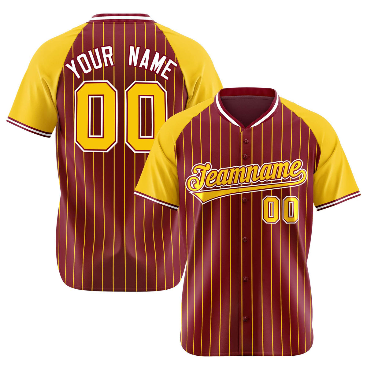 Custom Crimson Gold Pinstripe Authentic Raglan Sleeves Baseball Jersey